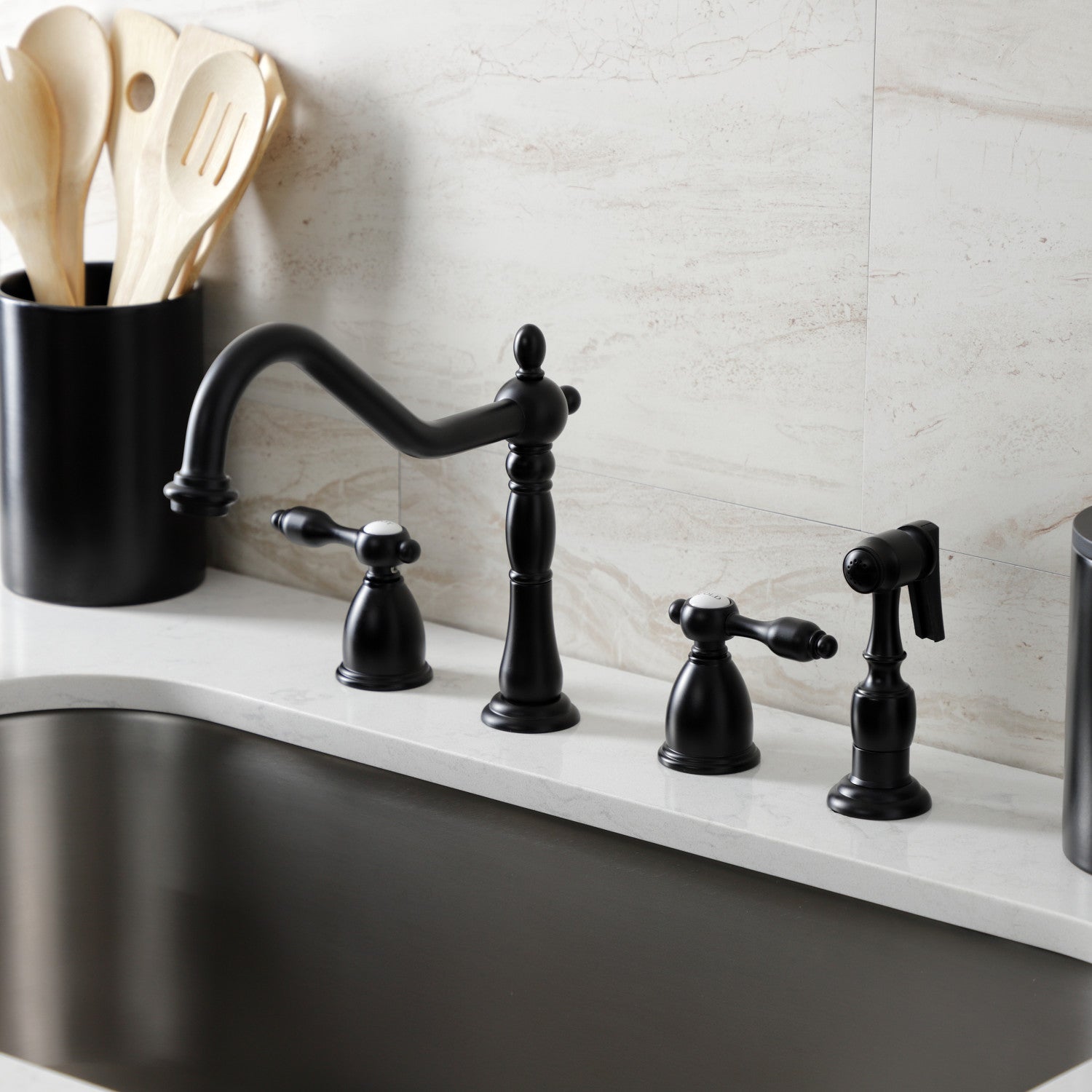 Kingston Heirloom KB1790TALBS - Tudor Double-Handle 4-Hole Widespread Kitchen Faucet with Brass Sprayer, Matte Black — thumbnail 3