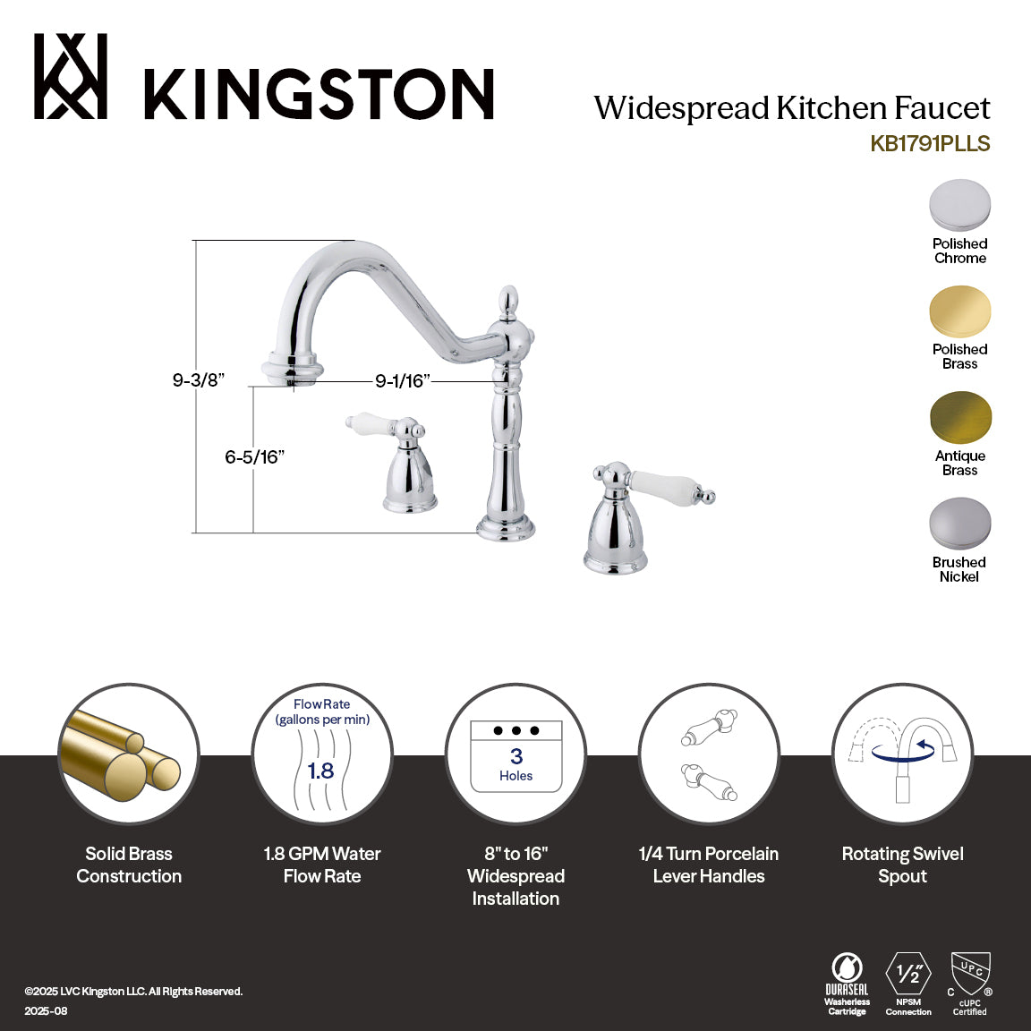 Kingston Heirloom KB1791PLLS - Heritage Double-Handle 3-Hole Widespread Kitchen Faucet, Polished Chrome — thumbnail 2