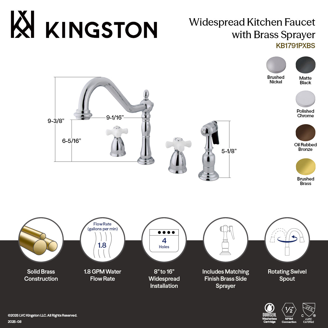 Kingston Heirloom KB1791PXBS - Heritage Double-Handle 4-Hole Widespread Kitchen Faucet with Brass Sprayer, Polished Chrome — thumbnail 2
