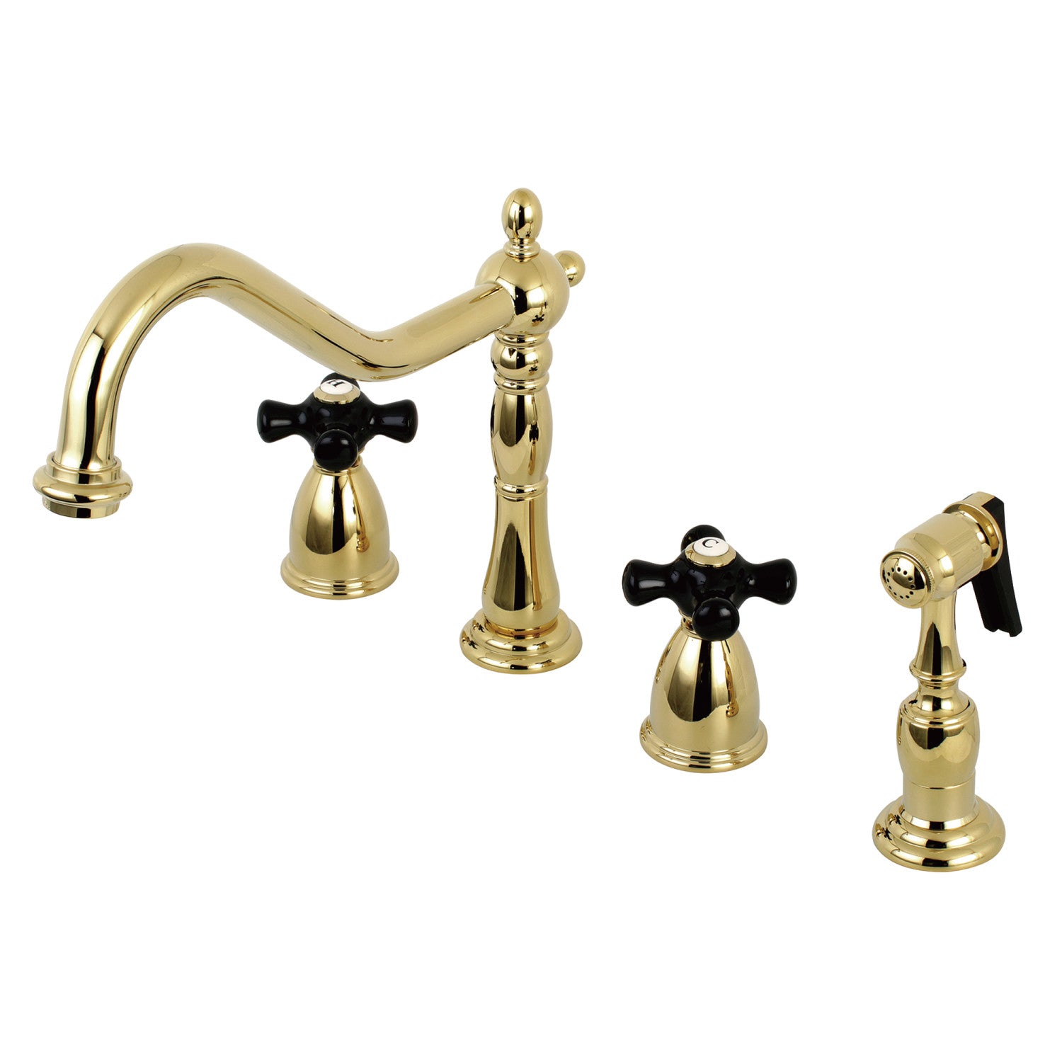 Kingston Heirloom KB1792PKXBS - Duchess Double-Handle 4-Hole Widespread Kitchen Faucet with Brass Sprayer, Polished Brass