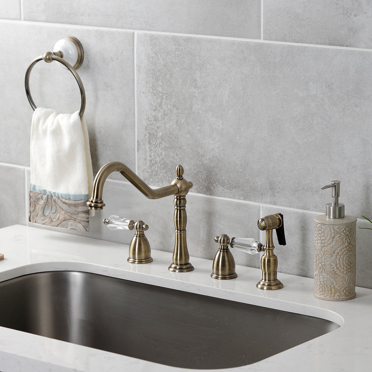 Kingston Heirloom KB1793WLLBS - Wilshire Double-Handle 4-Hole Widespread Kitchen Faucet with Brass Sprayer, Antique Brass — thumbnail 2