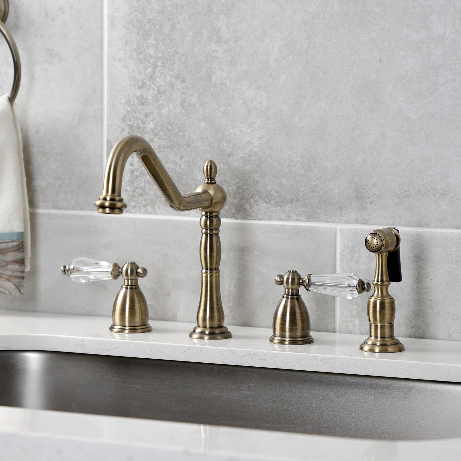 Kingston Heirloom KB1793WLLBS - Wilshire Double-Handle 4-Hole Widespread Kitchen Faucet with Brass Sprayer, Antique Brass — thumbnail 3
