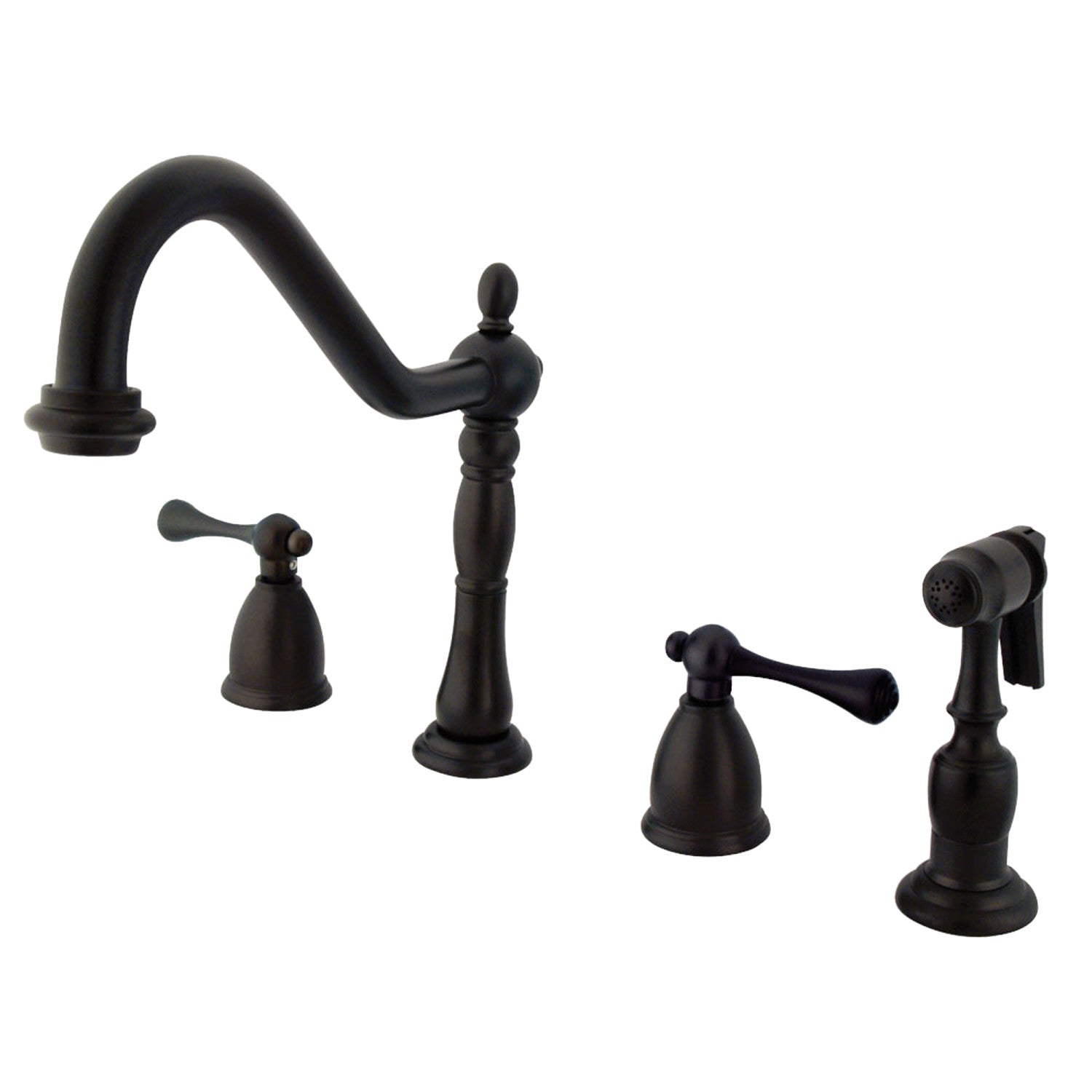 Kingston Heirloom KB1795BLBS - Heritage Double-Handle 4-Hole Widespread Kitchen Faucet with Brass Sprayer, Oil Rubbed Bronze