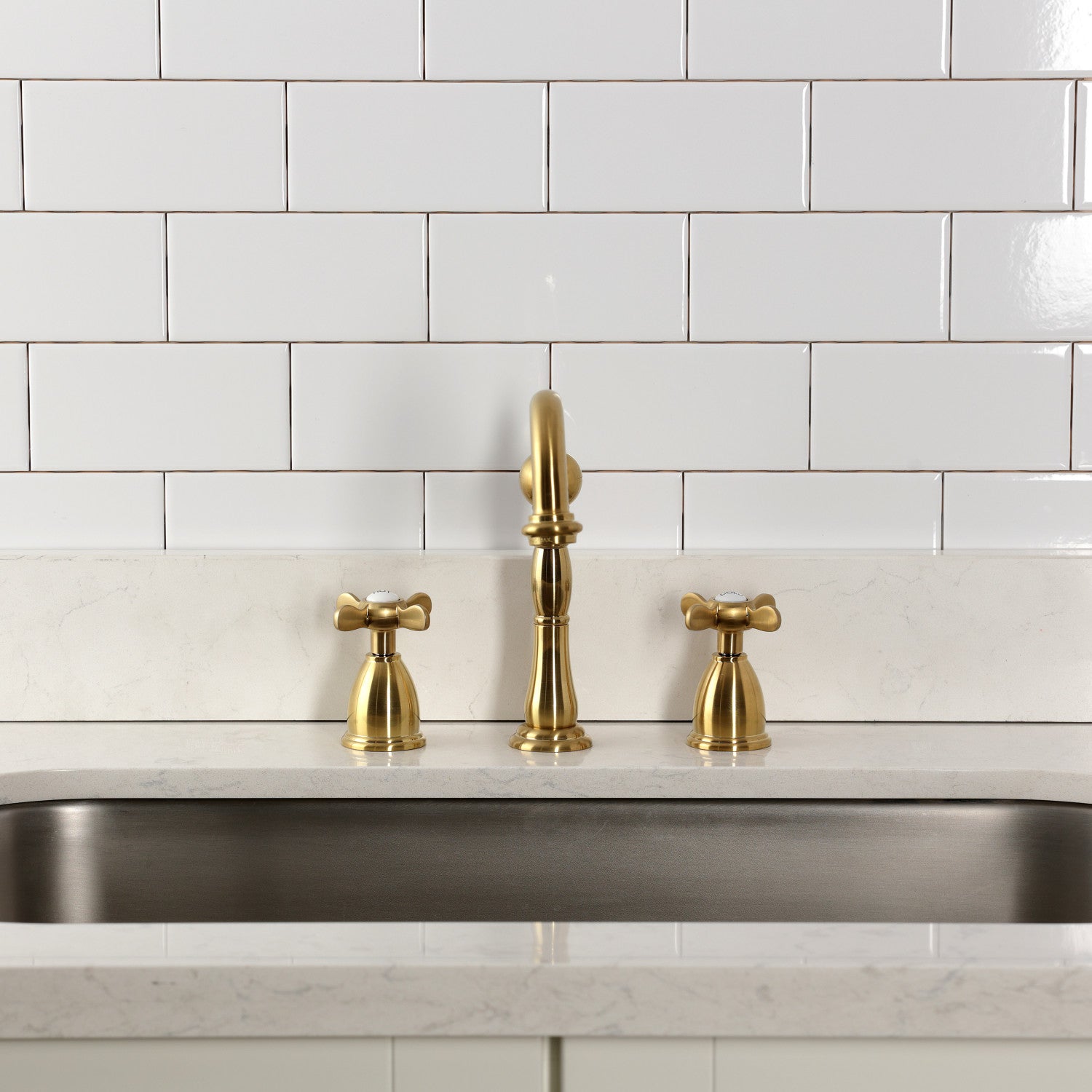 Kingston Heirloom KB1797BEXLS - Essex Double-Handle 3-Hole Widespread Kitchen Faucet, Brushed Brass — thumbnail 3