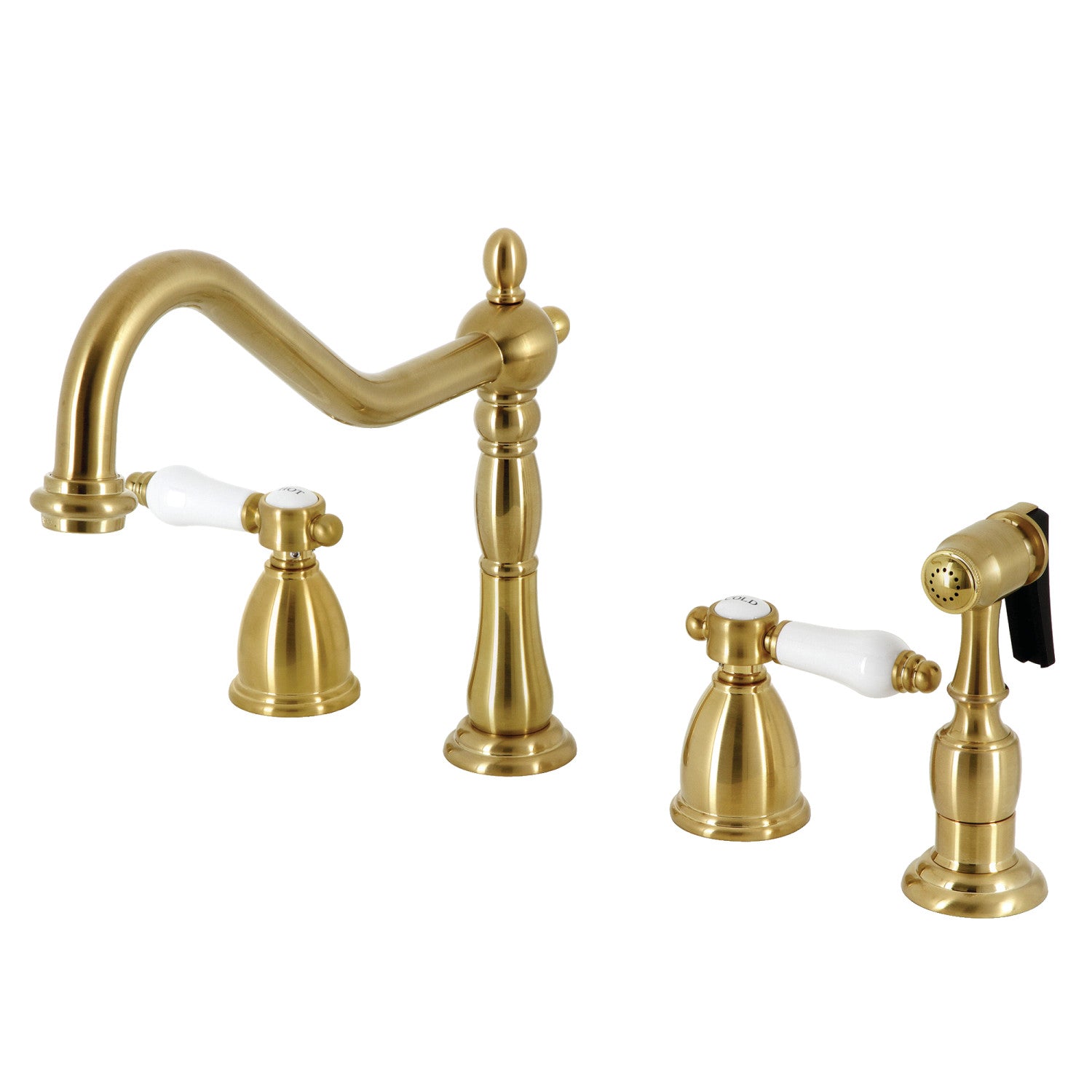 Kingston Heirloom KB1797BPLBS - Bel-Air Double-Handle Widespread Kitchen Faucet with Brass Sprayer, Brushed Brass
