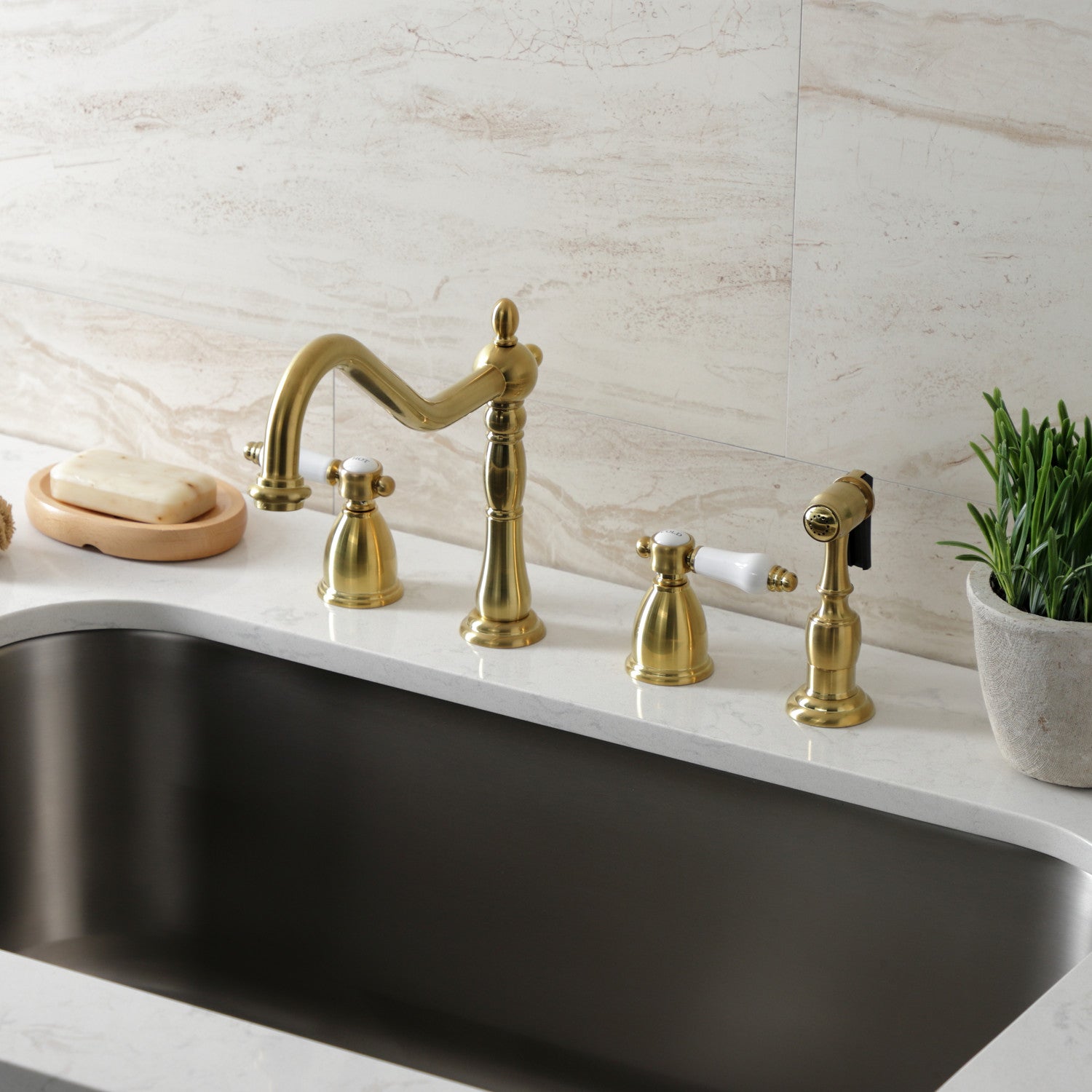 Kingston Heirloom KB1797BPLBS - Bel-Air Double-Handle Widespread Kitchen Faucet with Brass Sprayer, Brushed Brass — thumbnail 2