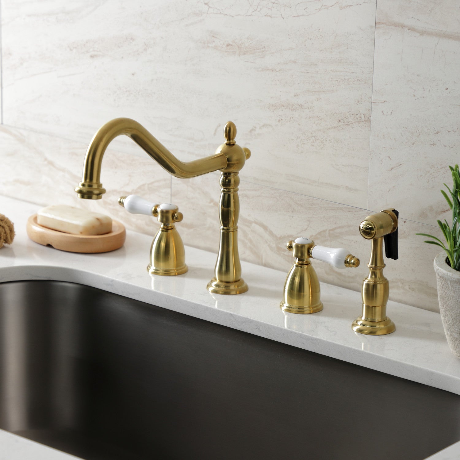 Kingston Heirloom KB1797BPLBS - Bel-Air Double-Handle Widespread Kitchen Faucet with Brass Sprayer, Brushed Brass — thumbnail 3