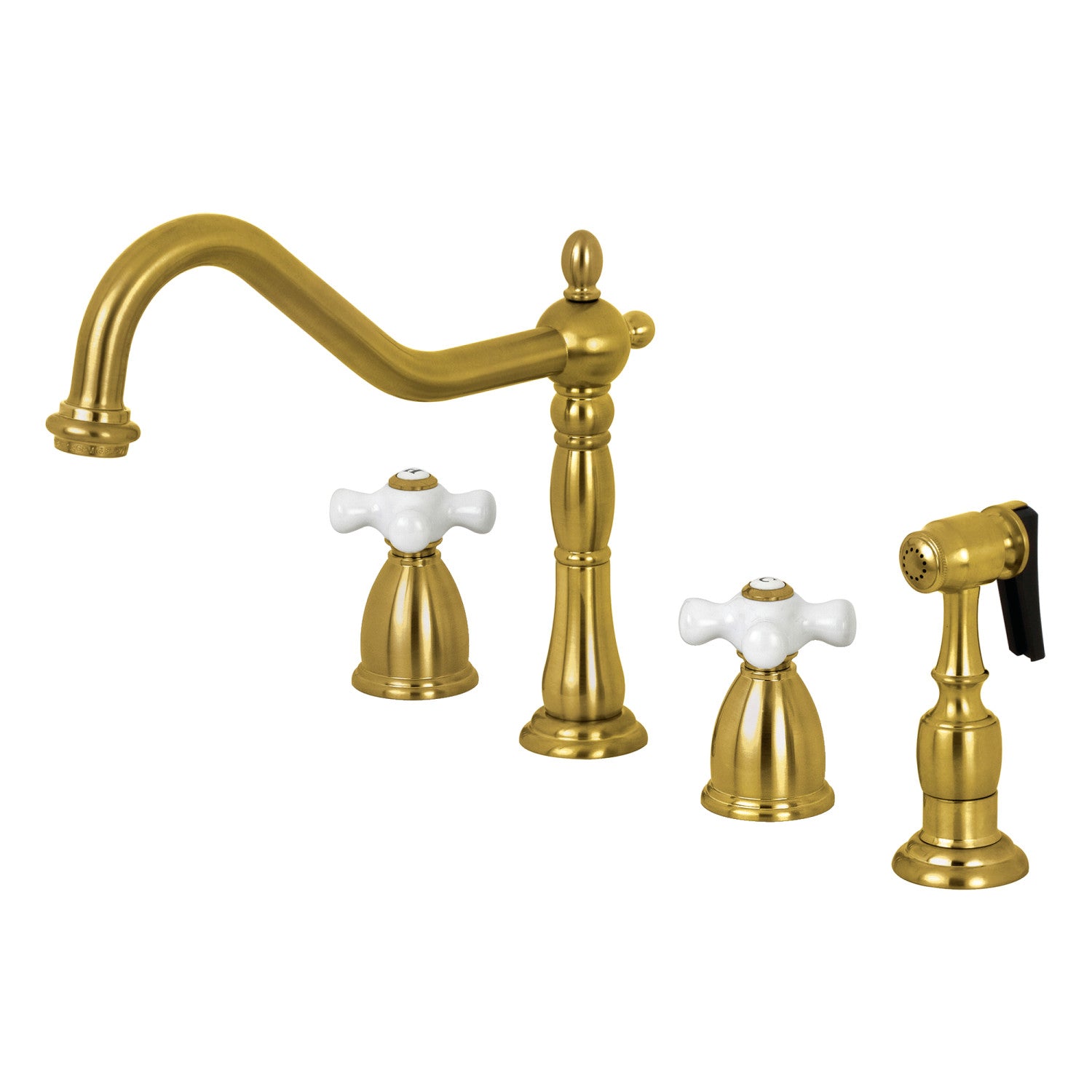 Kingston Heirloom KB1797PXBS - Heritage Double-Handle 4-Hole Widespread Kitchen Faucet with Brass Sprayer, Brushed Brass — image 1