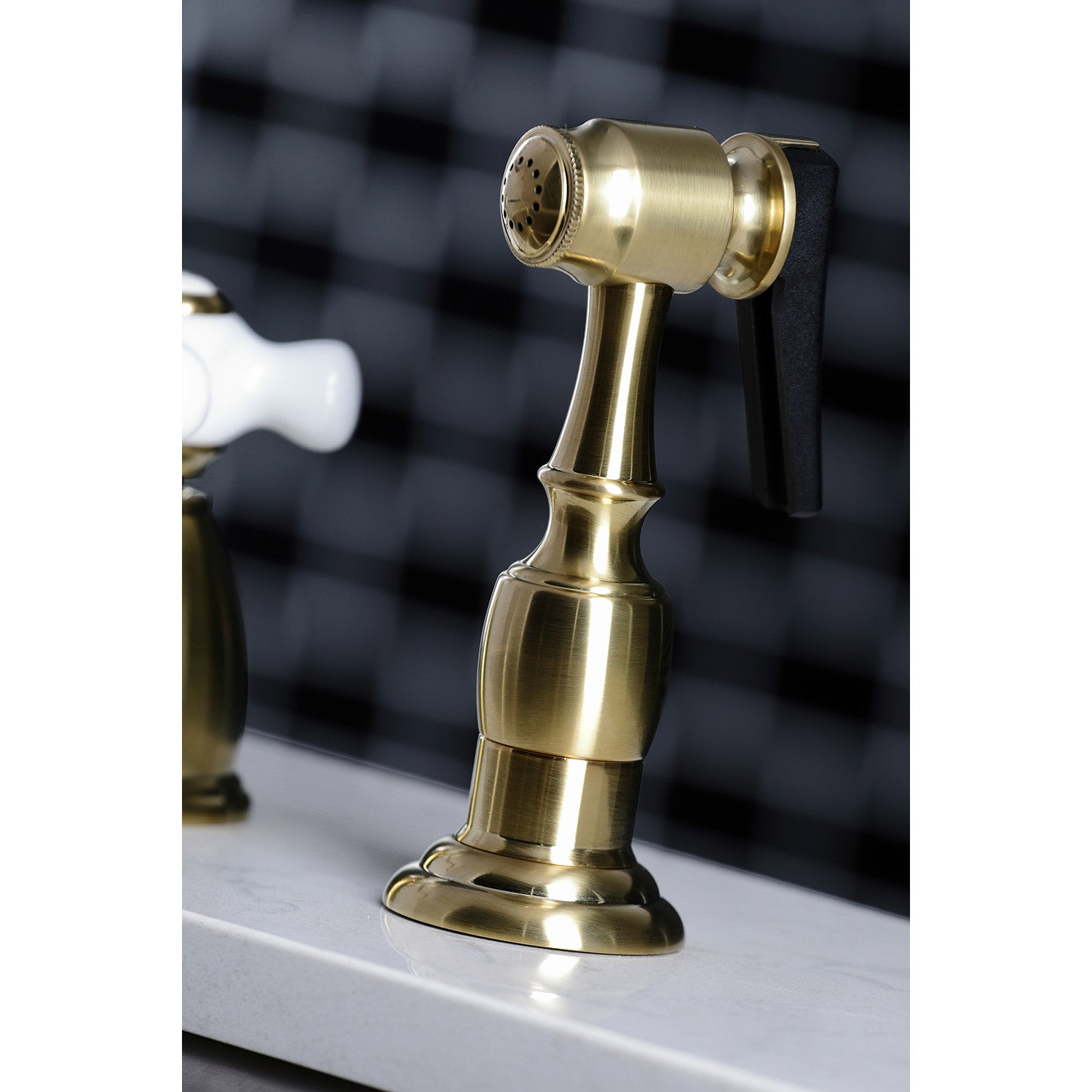 Kingston Heirloom KB1797PXBS - Heritage Double-Handle 4-Hole Widespread Kitchen Faucet with Brass Sprayer, Brushed Brass — thumbnail 3