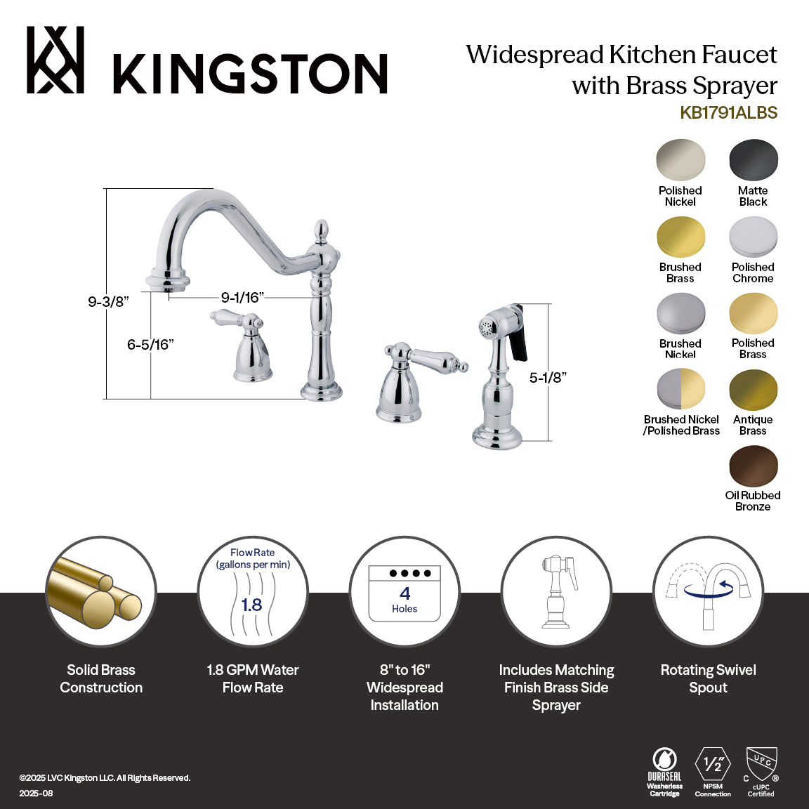 Kingston Heirloom KB1799ALBS - Heritage Double-Handle 4-Hole Widespread Kitchen Faucet with Brass Sprayer, Brushed Nickel/Polished Brass — thumbnail 2
