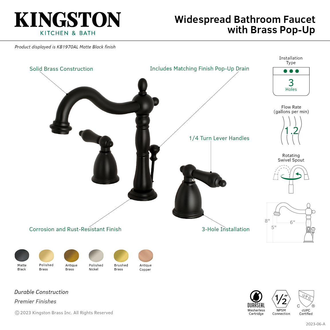 Kingston Heirloom KB1970AL - Heritage Two-Handle 3-Hole Deck Mount Widespread Bathroom Faucet with Brass Pop-Up, Matte Black — thumbnail 2