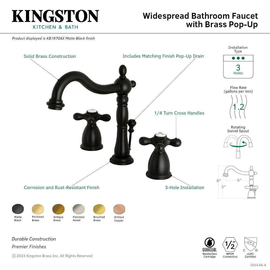 Kingston Heirloom KB1970AX - Heritage Two-Handle 3-Hole Deck Mount Widespread Bathroom Faucet with Brass Pop-Up, Matte Black — thumbnail 3