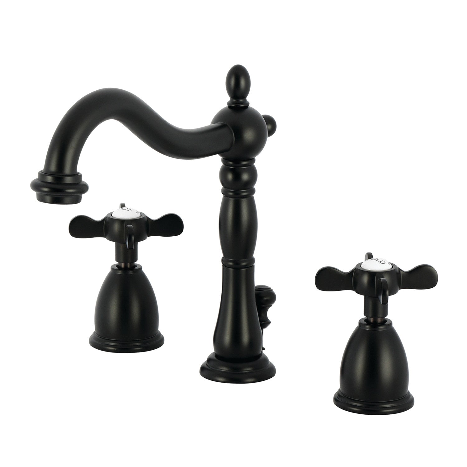 Kingston Heirloom KB1970BEX - Essex Two-Handle 3-Hole Deck Mount Widespread Bathroom Faucet with Brass Pop-Up, Matte Black