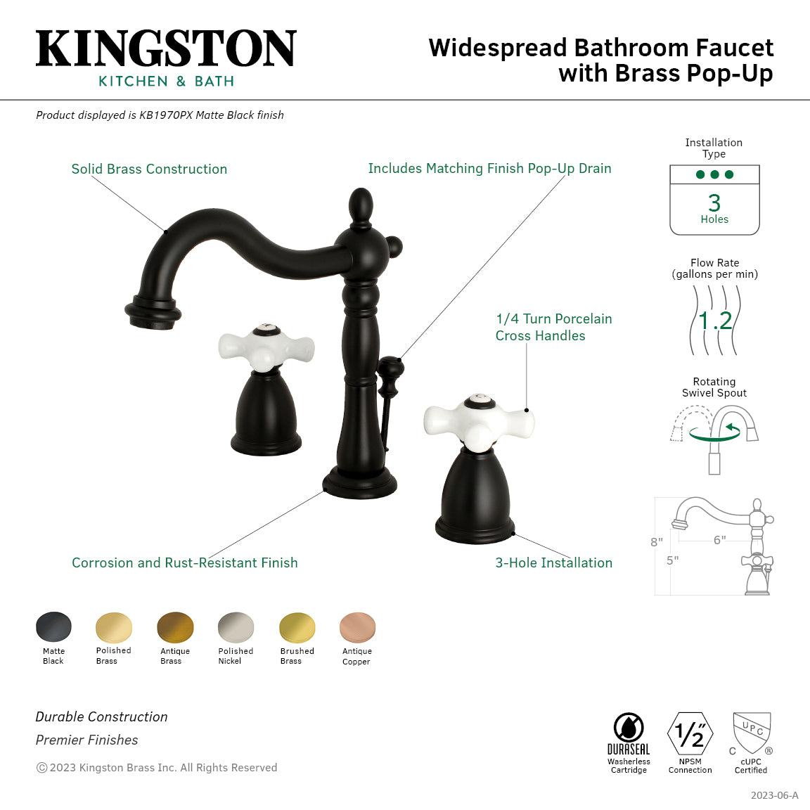 Kingston Heirloom KB1970PX - Heritage Two-Handle 3-Hole Deck Mount Widespread Bathroom Faucet with Brass Pop-Up, Matte Black — thumbnail 2