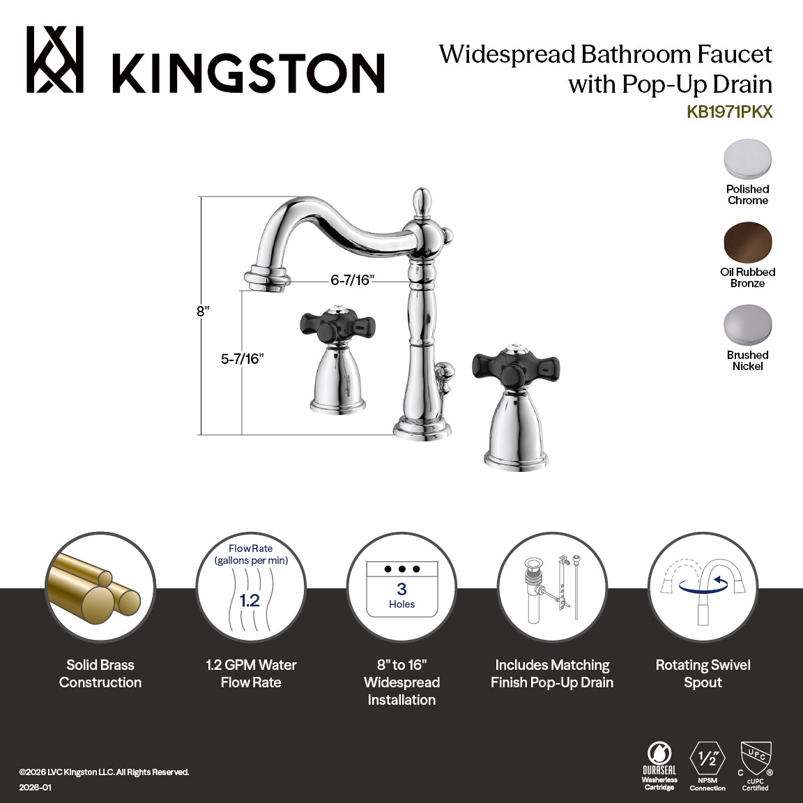 Kingston Heirloom KB1971PKX - Duchess Two-Handle 3-Hole Deck Mount Widespread Bathroom Faucet with Pop-Up Drain, Polished Chrome — thumbnail 3