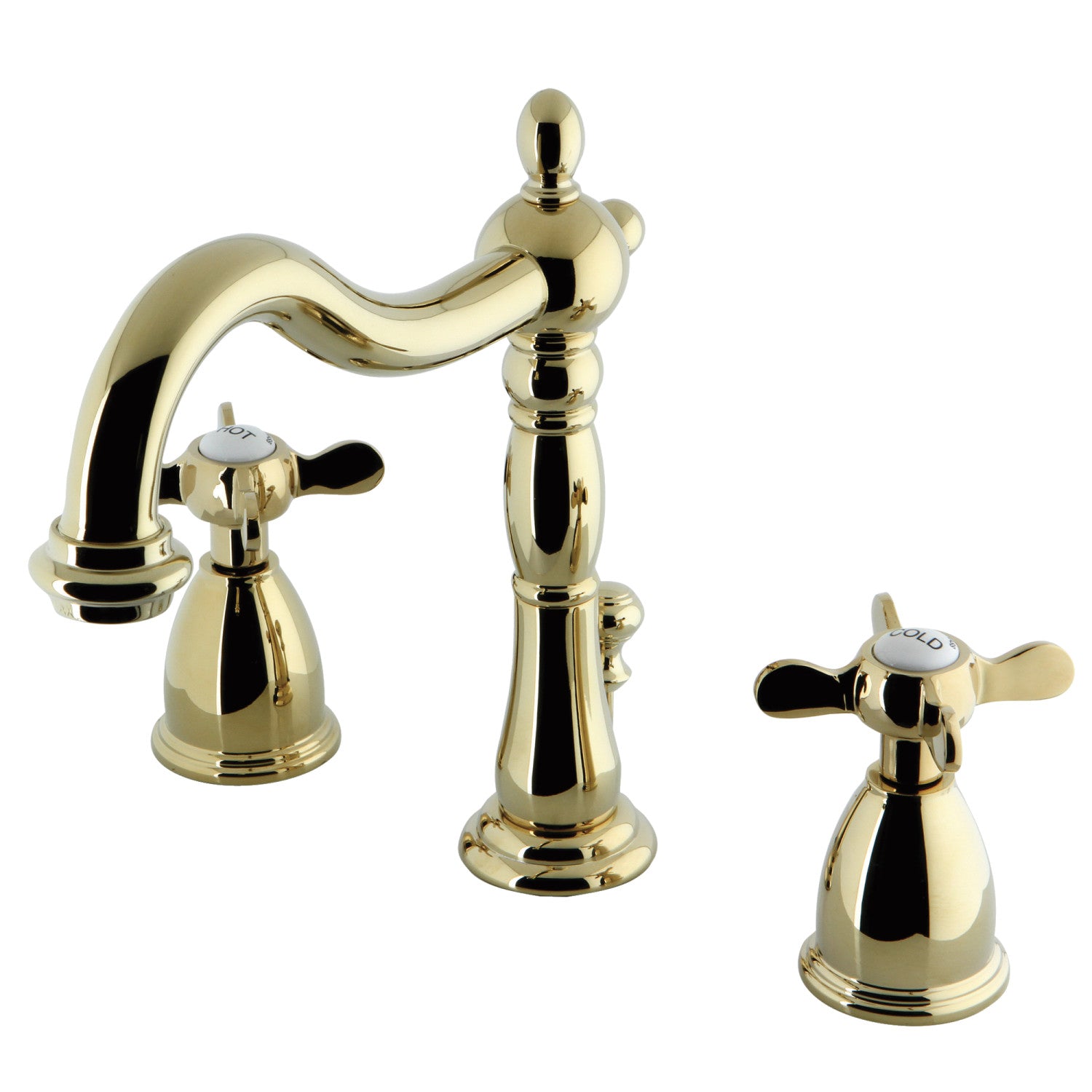 Kingston Heirloom KB1972BEX - Essex Two-Handle 3-Hole Deck Mount Widespread Bathroom Faucet with Brass Pop-Up, Polished Brass