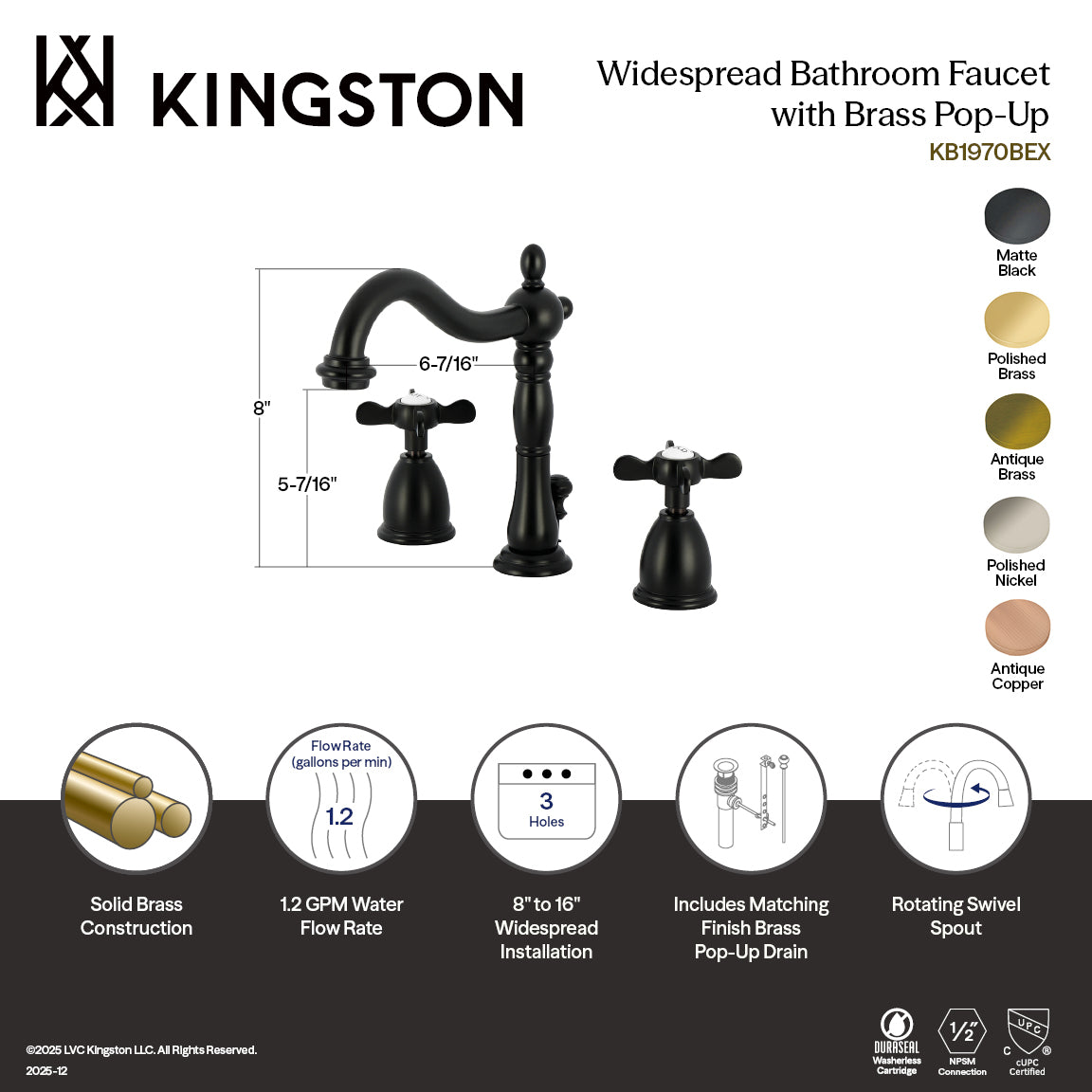 Kingston Heirloom KB1972BEX - Essex Two-Handle 3-Hole Deck Mount Widespread Bathroom Faucet with Brass Pop-Up, Polished Brass — thumbnail 2