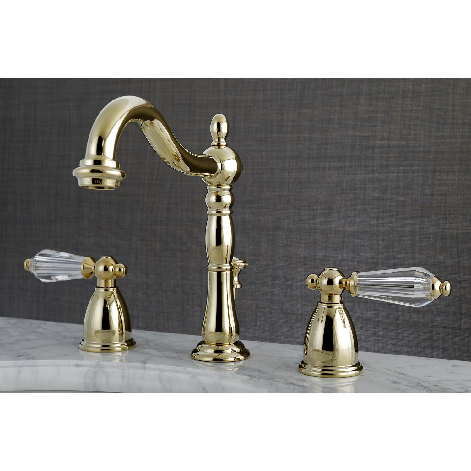 Kingston Heirloom KB1972WLL - Wilshire Two-Handle 3-Hole Deck Mount Widespread Bathroom Faucet with Brass Pop-Up, Polished Brass — thumbnail 2