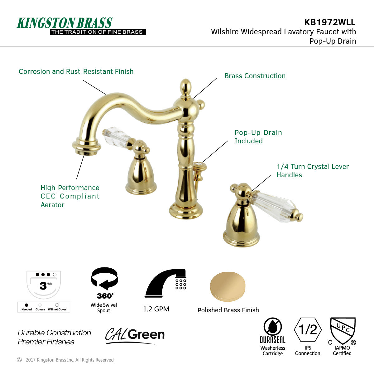 Kingston Heirloom KB1972WLL - Wilshire Two-Handle 3-Hole Deck Mount Widespread Bathroom Faucet with Brass Pop-Up, Polished Brass — thumbnail 3