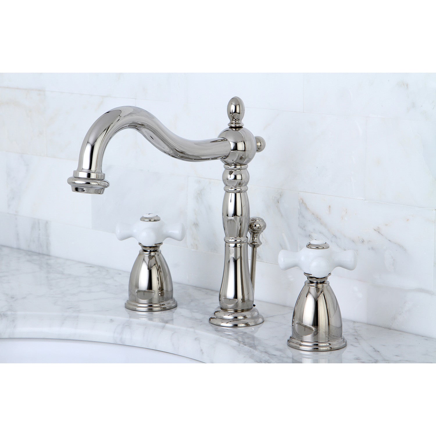 Kingston Heirloom KB1976PX - Heritage Two-Handle 3-Hole Deck Mount Widespread Bathroom Faucet with Brass Pop-Up, Polished Nickel — thumbnail 2