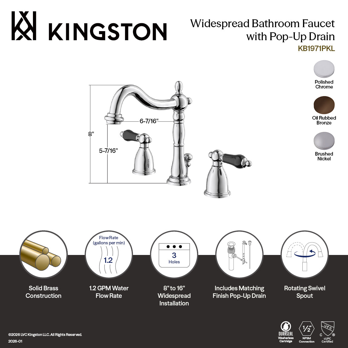Kingston Heirloom KB1978PKL - Duchess Two-Handle 3-Hole Deck Mount Widespread Bathroom Faucet with Pop-Up Drain, Brushed Nickel — thumbnail 3