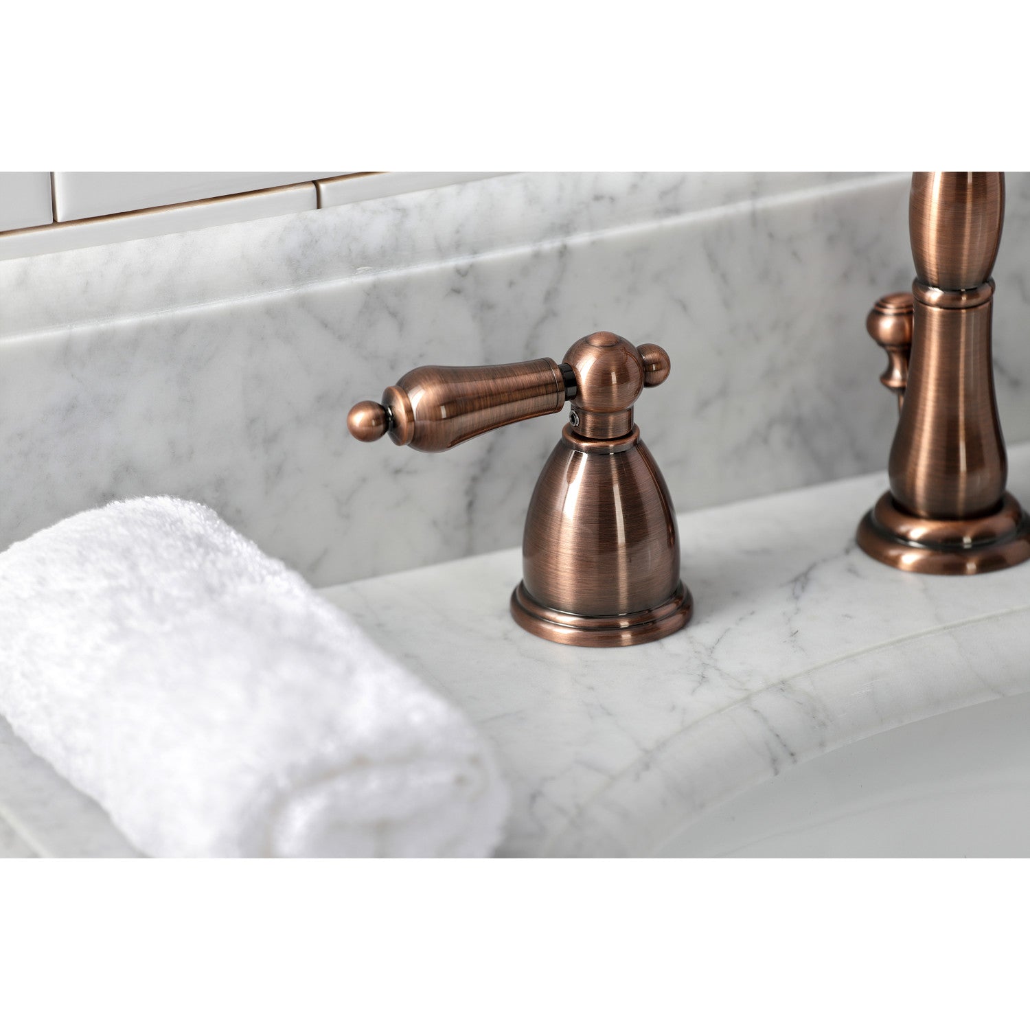 Kingston Heirloom KB197ALAC - Heritage Two-Handle 3-Hole Deck Mount Widespread Bathroom Faucet with Brass Pop-Up, Antique Copper — thumbnail 2