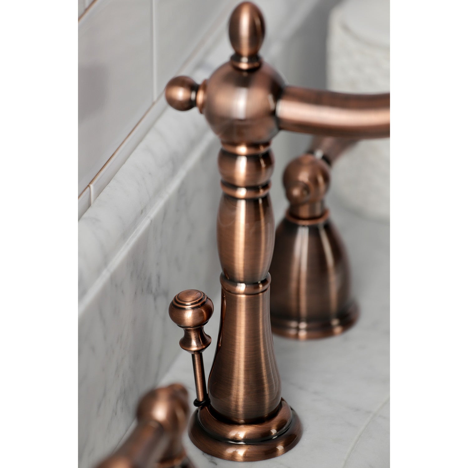 Kingston Heirloom KB197ALAC - Heritage Two-Handle 3-Hole Deck Mount Widespread Bathroom Faucet with Brass Pop-Up, Antique Copper — thumbnail 3