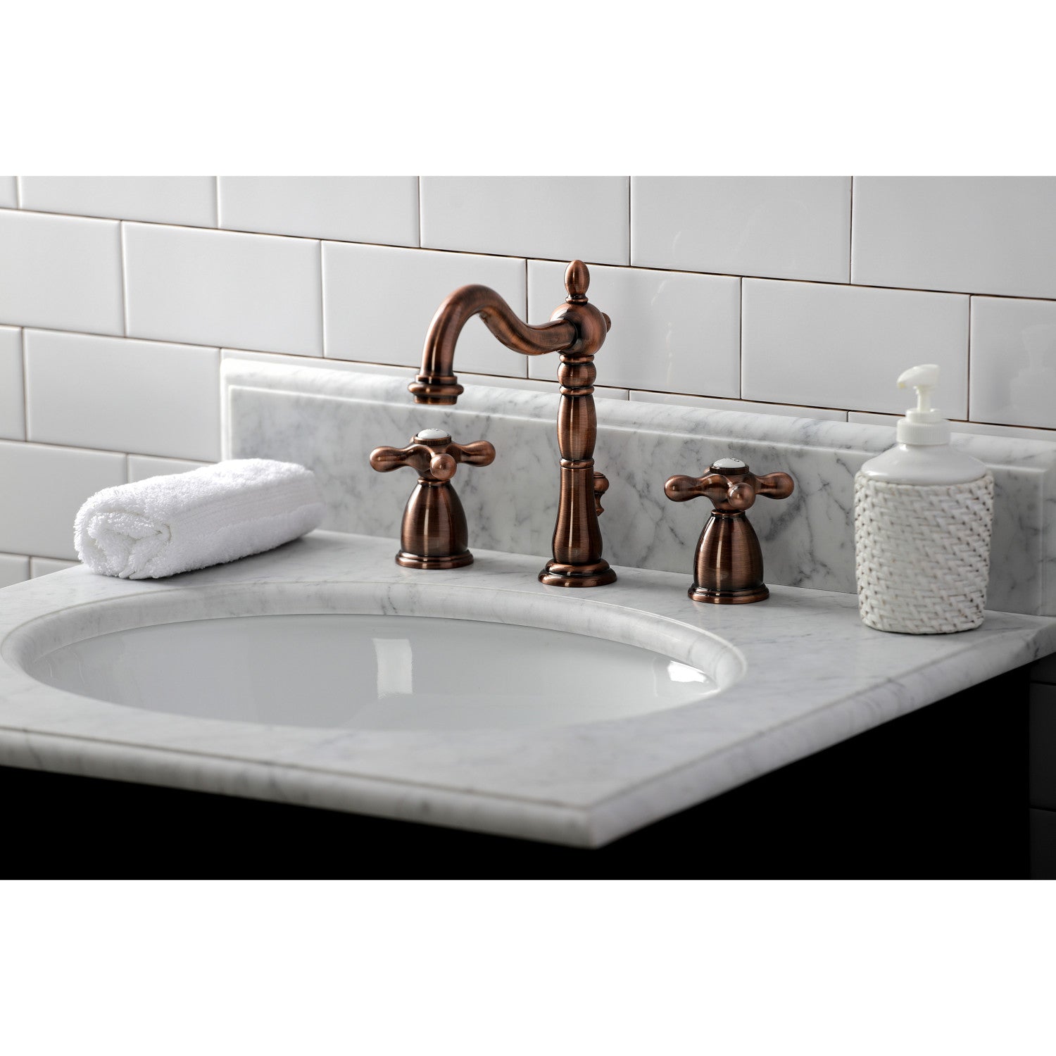 Kingston Heirloom KB197AXAC - Heritage Two-Handle 3-Hole Deck Mount Widespread Bathroom Faucet with Brass Pop-Up, Antique Copper — thumbnail 3