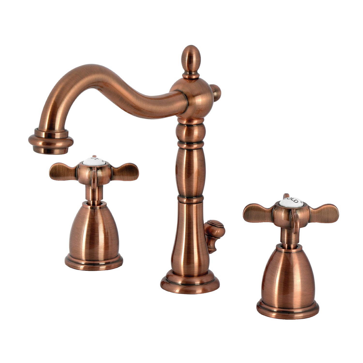 Kingston Heirloom KB197BEXAC - Essex Two-Handle 3-Hole Deck Mount Widespread Bathroom Faucet with Brass Pop-Up, Antique Copper