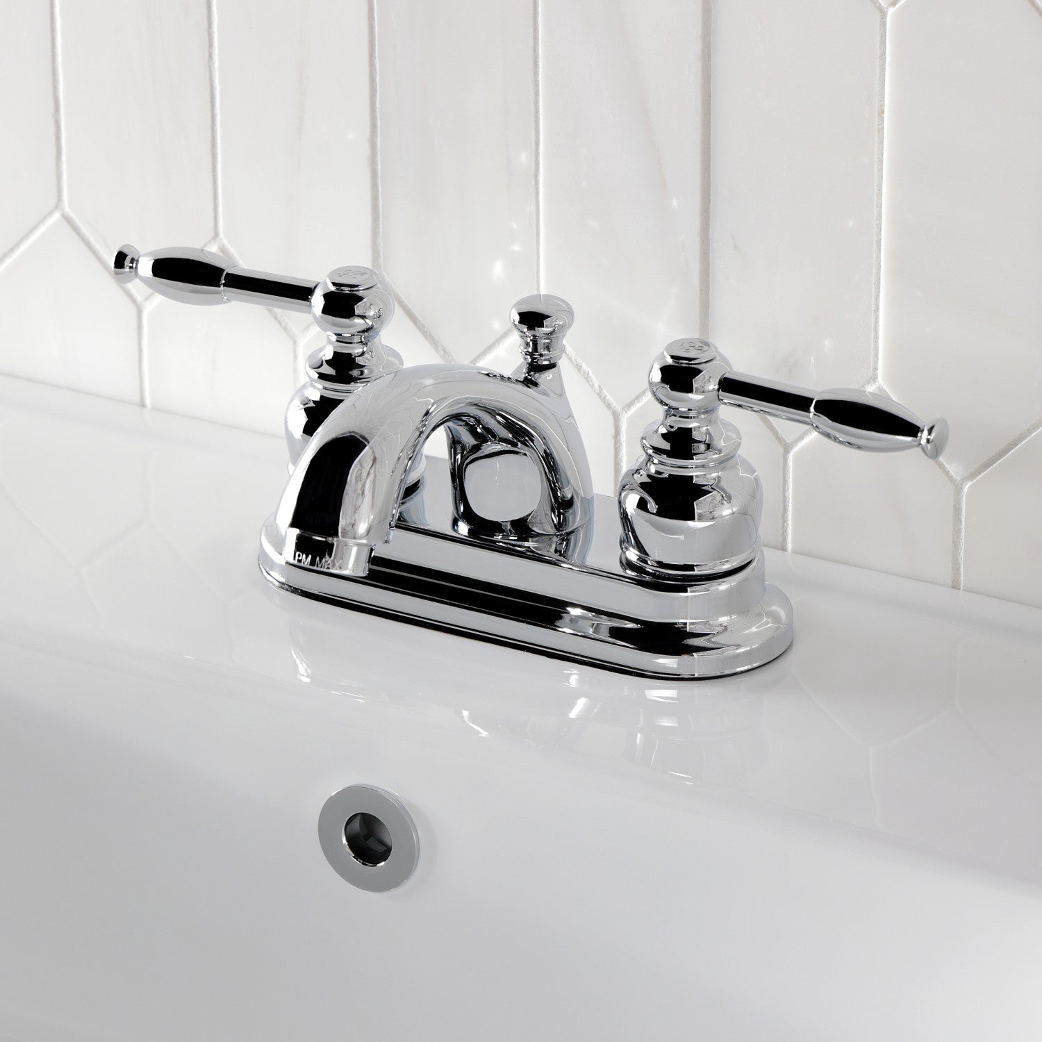 Kingston Tulare KB2601KL - Knight Double-Handle 3-Hole Deck Mount 4-Inch Centerset Bathroom Faucet with Pop-Up Drain, Polished Chrome — thumbnail 2