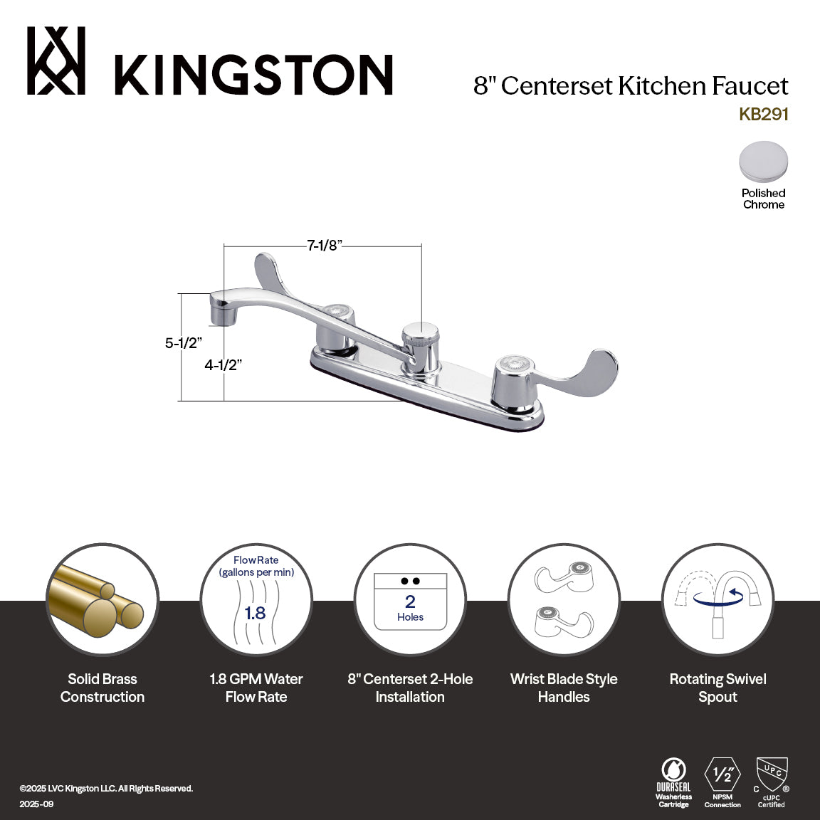 Kingston Magellan KB291 Two-Handle 2-Hole 8" Centerset Kitchen Faucet, Polished Chrome — thumbnail 2