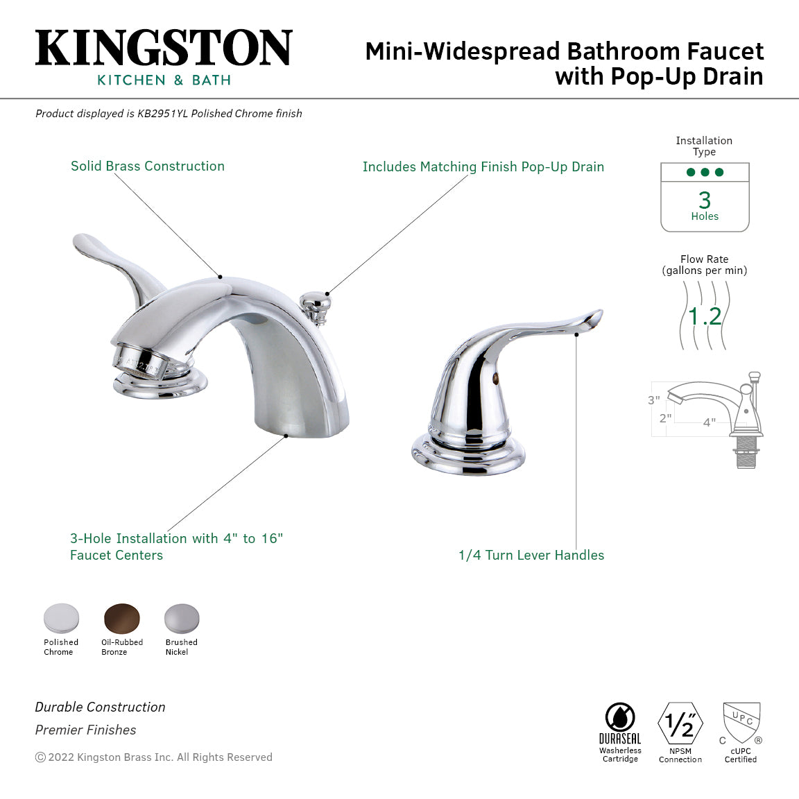 Kingston Tulare KB2951YL - Yosemite Two-Handle 3-Hole Deck Mount Mini-Widespread Bathroom Faucet with Pop-Up Drain, Polished Chrome — thumbnail 2