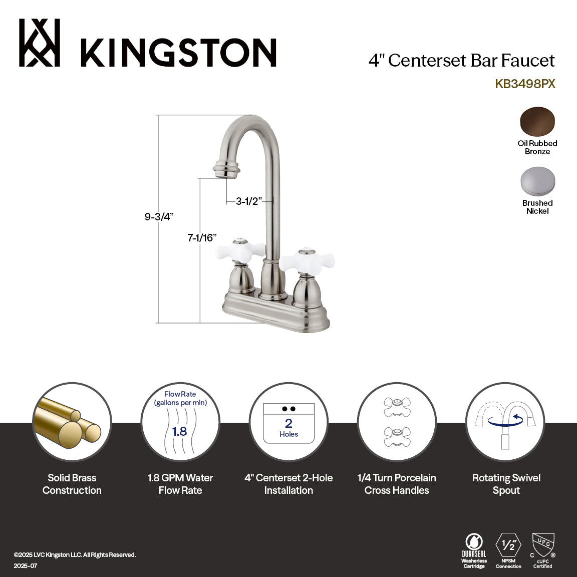 Kingston Heirloom KB3495PX - Restoration Two-Handle 2-Hole Deck Mount Bar Faucet, Oil Rubbed Bronze — thumbnail 2