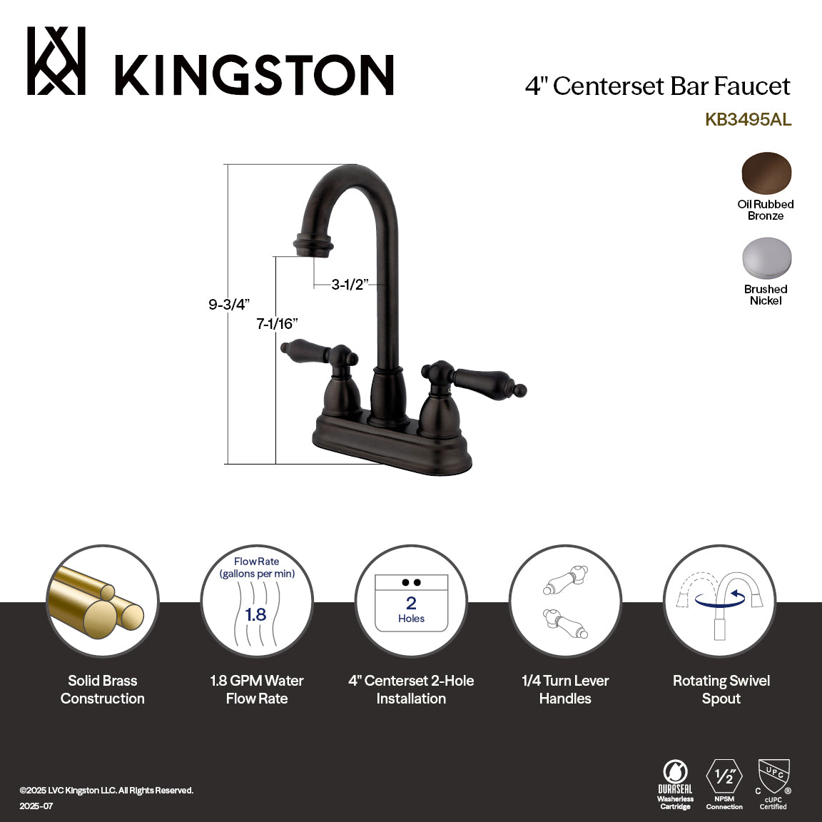 Kingston Tulare KB3498AL - Restoration Two-Handle 2-Hole Deck Mount Bar Faucet, Brushed Nickel — thumbnail 2