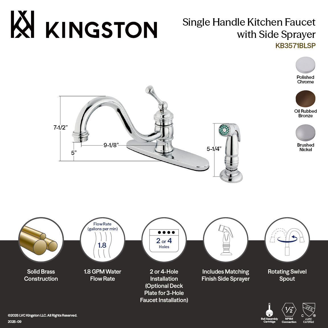 Kingston KB3571BLSP Single-Handle 2-or-4 Hole Kitchen Faucet with Side Sprayer, Polished Chrome — thumbnail 2