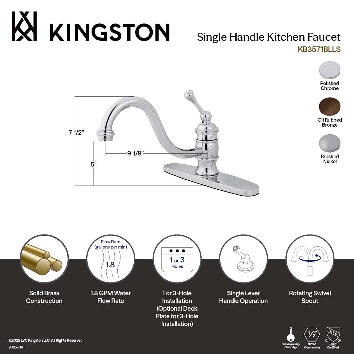 Kingston Heirloom KB3575BLLS - Restoration Single-Handle 1-or-3 Hole Kitchen Faucet, Oil Rubbed Bronze — thumbnail 2