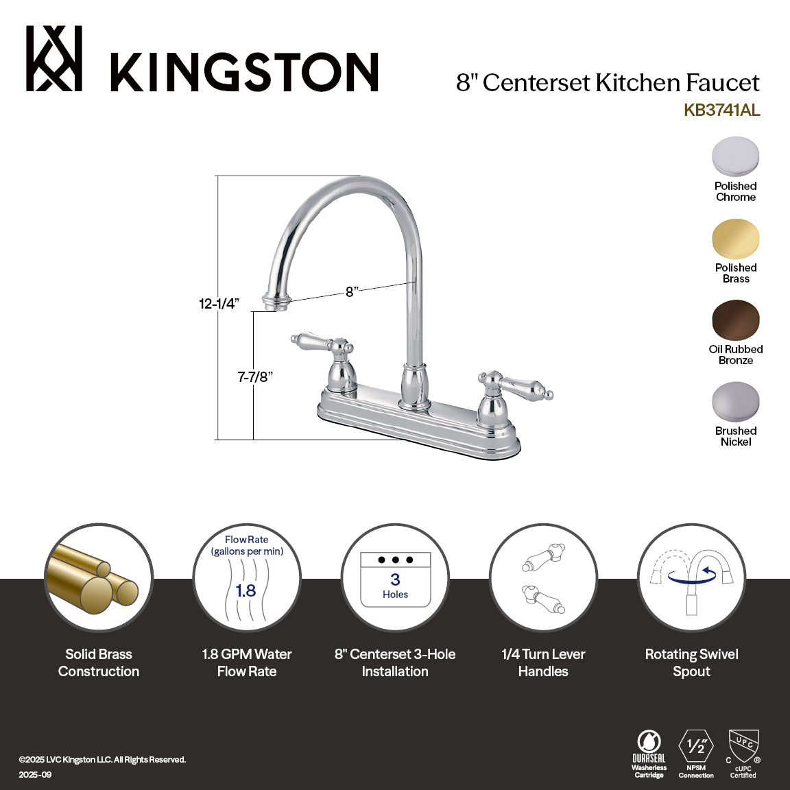 Kingston Heirloom KB3748AL - Restoration Two-Handle 3-Hole 8" Centerset Kitchen Faucet, Brushed Nickel — thumbnail 3