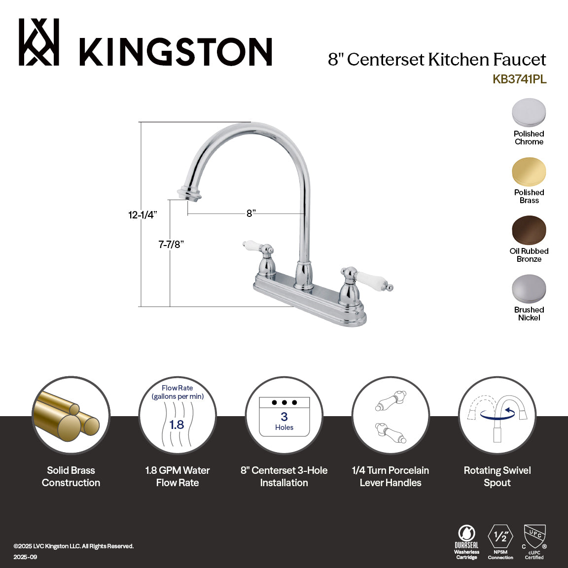 Kingston Heirloom KB3748PL - Restoration Two-Handle 3-Hole 8" Centerset Kitchen Faucet, Brushed Nickel — thumbnail 2