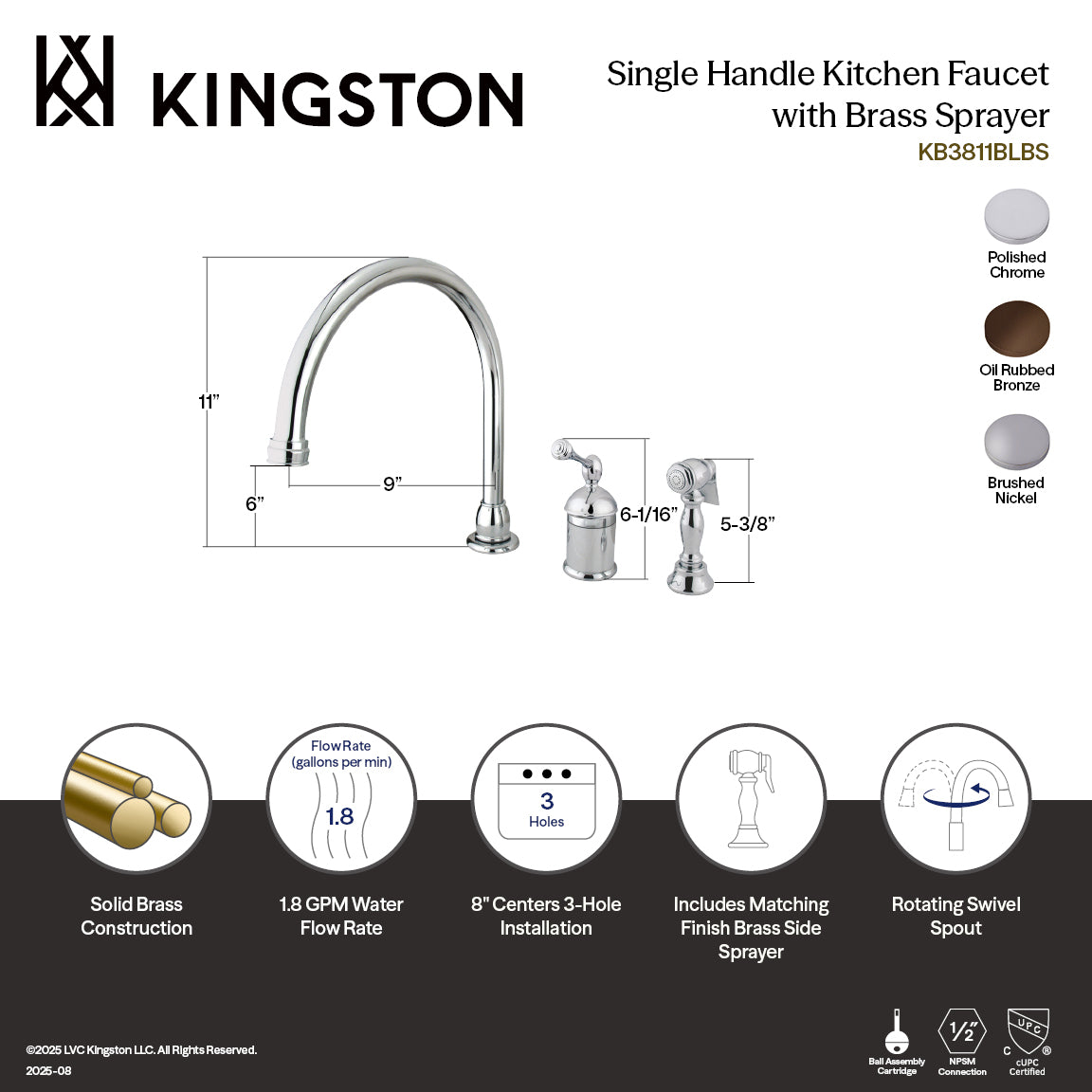 Kingston Tulare KB3818BLBS - Georgian Single-Handle 3-Hole Widespread Kitchen Faucet with Brass Sprayer, Brushed Nickel — thumbnail 2