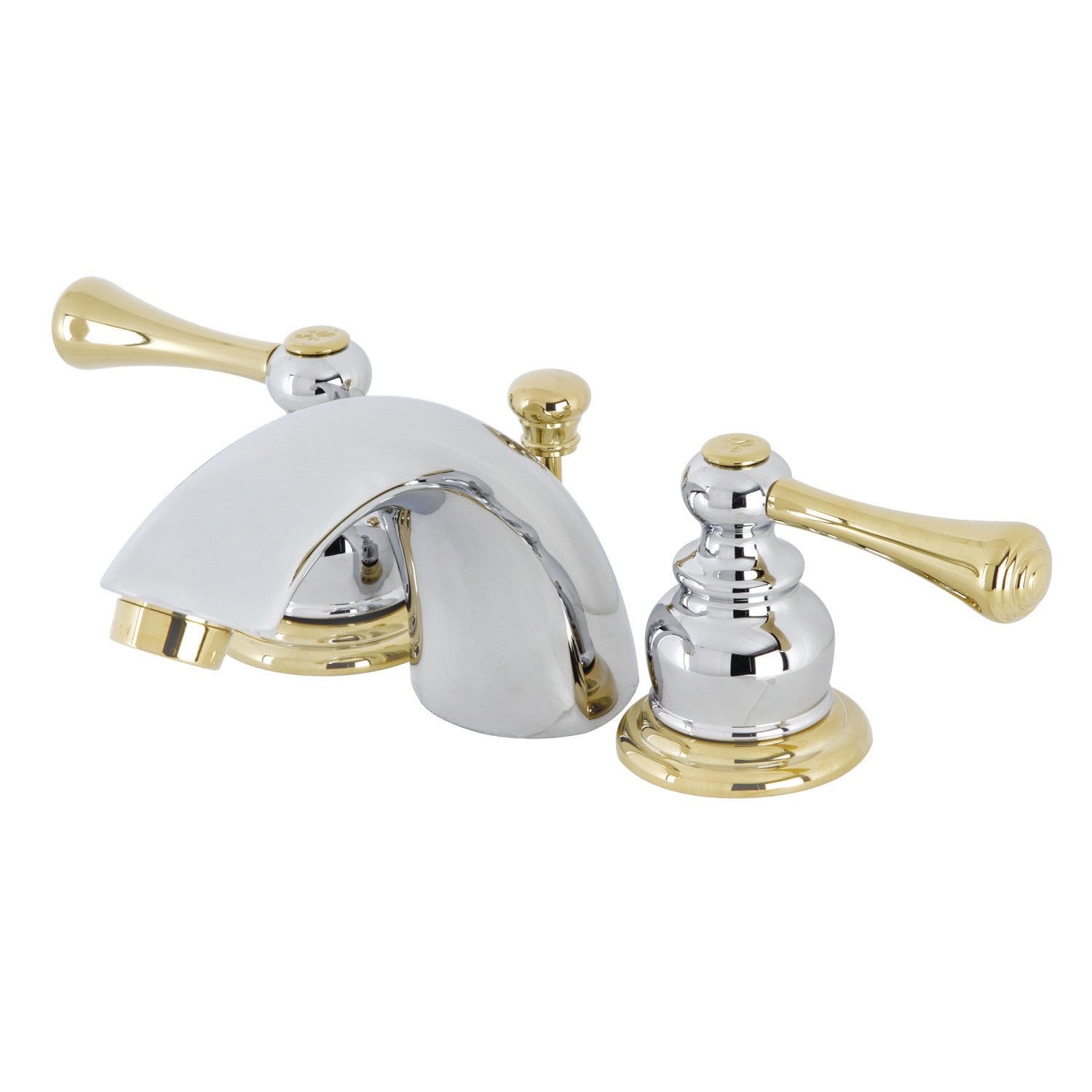Kingston Tulare KB3944BL - Vintage Two-Handle 3-Hole Deck Mount Mini-Widespread Bathroom Faucet with Pop-Up Drain, Polished Chrome/Polished Brass