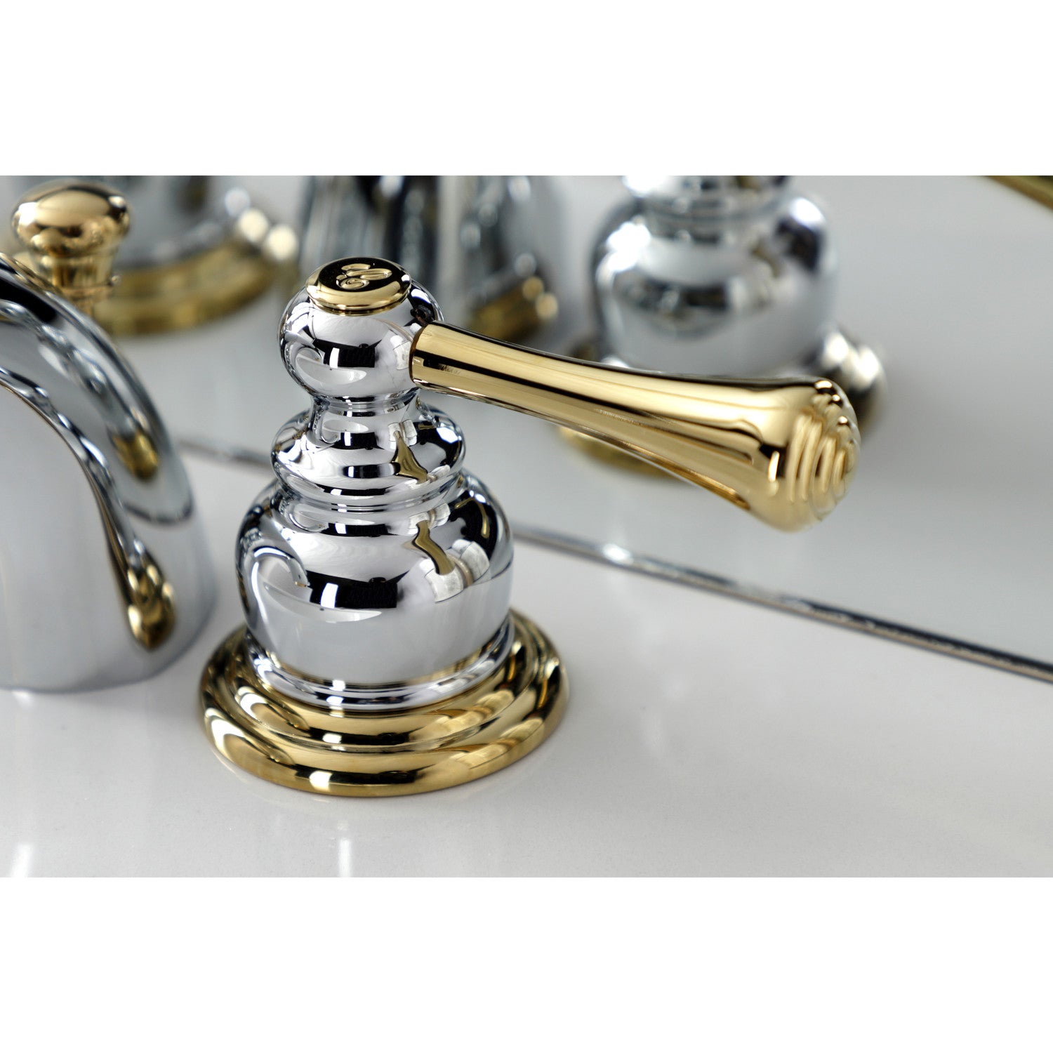 Kingston Tulare KB3944BL - Vintage Two-Handle 3-Hole Deck Mount Mini-Widespread Bathroom Faucet with Pop-Up Drain, Polished Chrome/Polished Brass — thumbnail 2