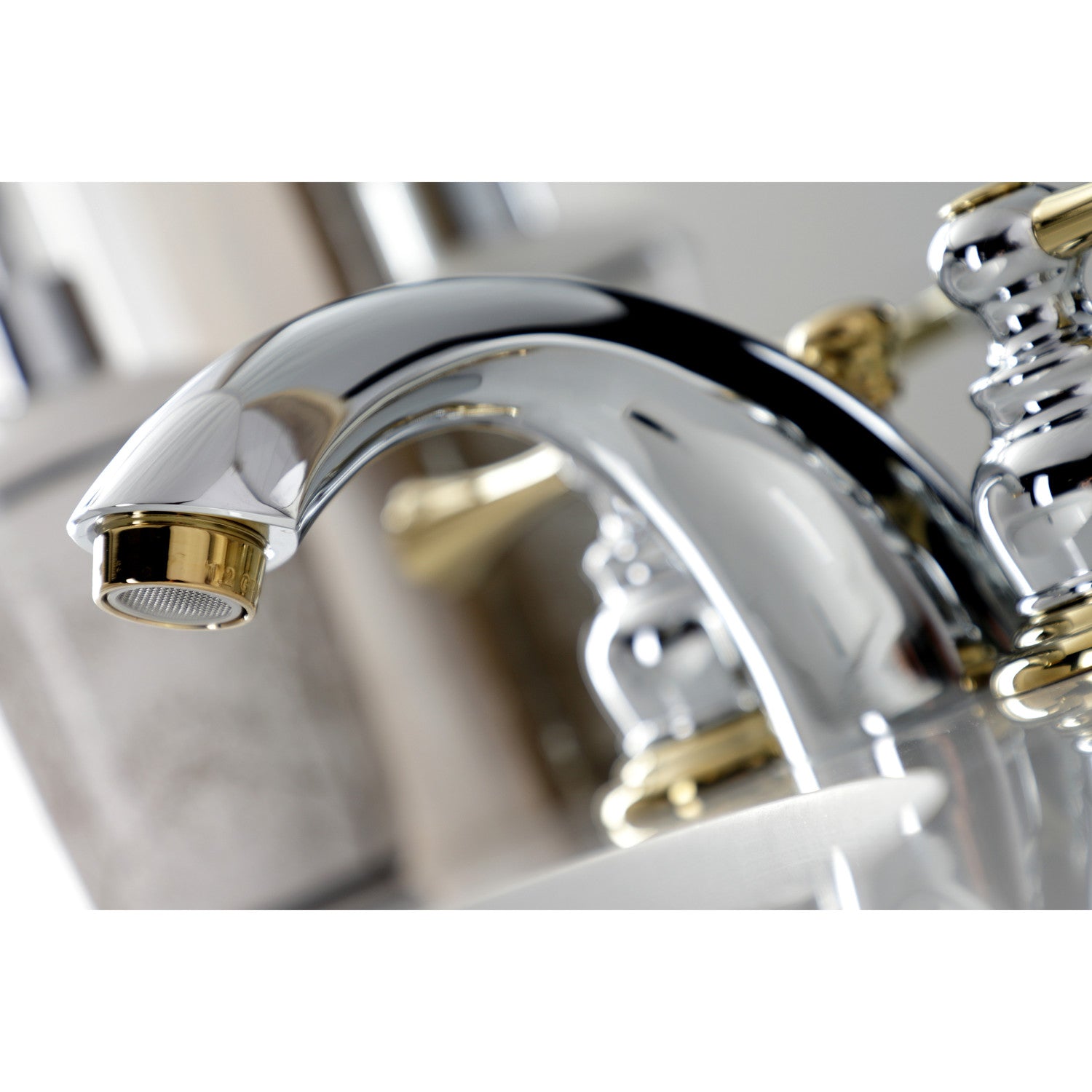 Kingston Tulare KB3944BL - Vintage Two-Handle 3-Hole Deck Mount Mini-Widespread Bathroom Faucet with Pop-Up Drain, Polished Chrome/Polished Brass — thumbnail 3