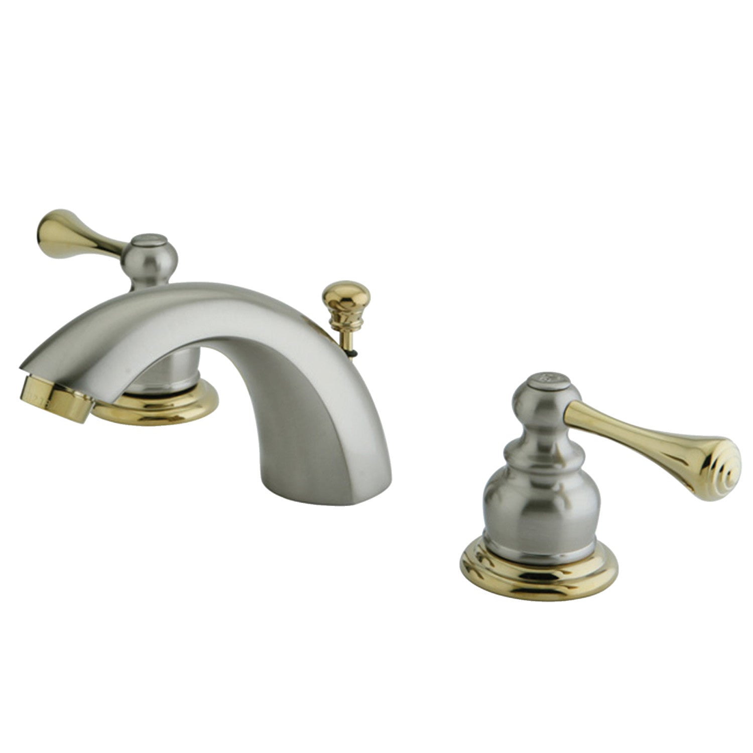 Kingston Tulare KB3949BL - Vintage Two-Handle 3-Hole Deck Mount Mini-Widespread Bathroom Faucet with Pop-Up Drain, Brushed Nickel/Polished Brass