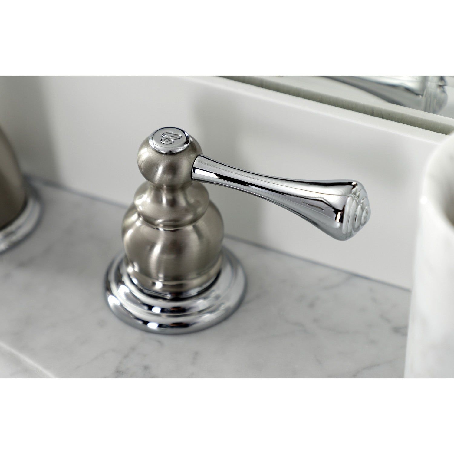 Kingston Tulare KB3977BL - Vintage Two-Handle 3-Hole Deck Mount Widespread Bathroom Faucet with Pop-Up Drain, Brushed Nickel/Polished Chrome — thumbnail 2