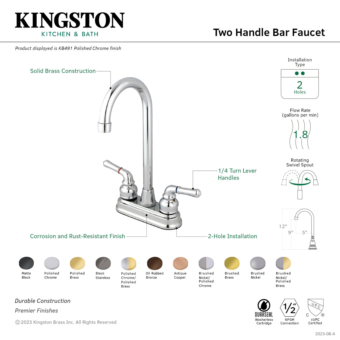 Kingston Tulare KB491 - Magellan Two-Handle 2-Hole Deck Mount Bar Faucet, Polished Chrome — thumbnail 2