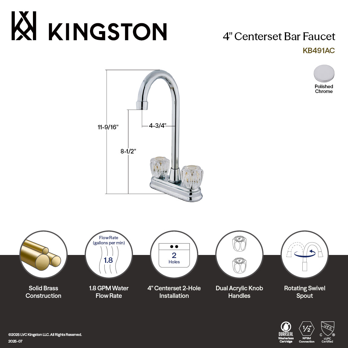 Kingston Magellan KB491AC Two-Handle 2-Hole Deck Mount Bar Faucet, Polished Chrome — thumbnail 2