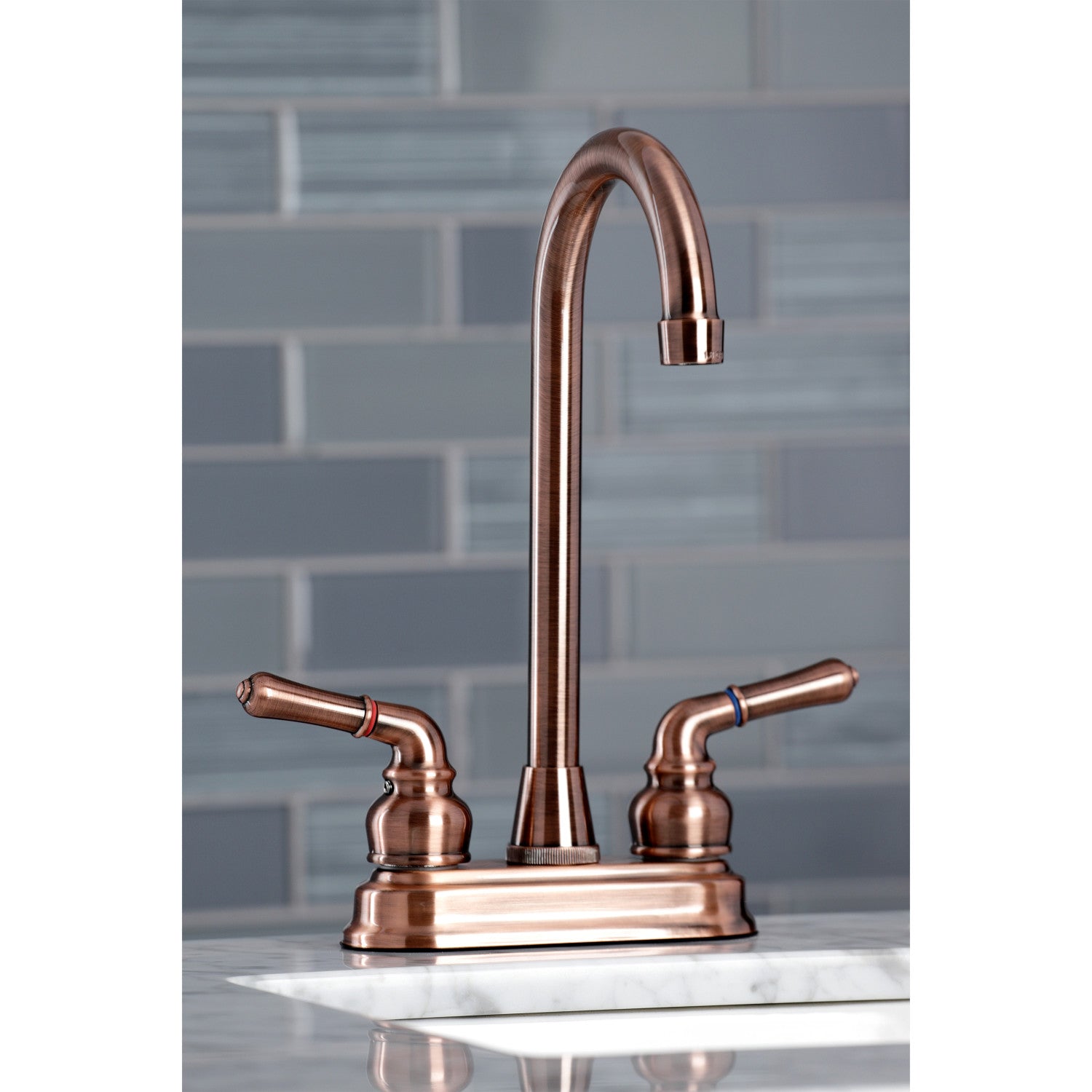 Kingston Tulare KB496 - Magellan Two-Handle 2-Hole Deck Mount Bar Faucet, Antique Copper — thumbnail 3