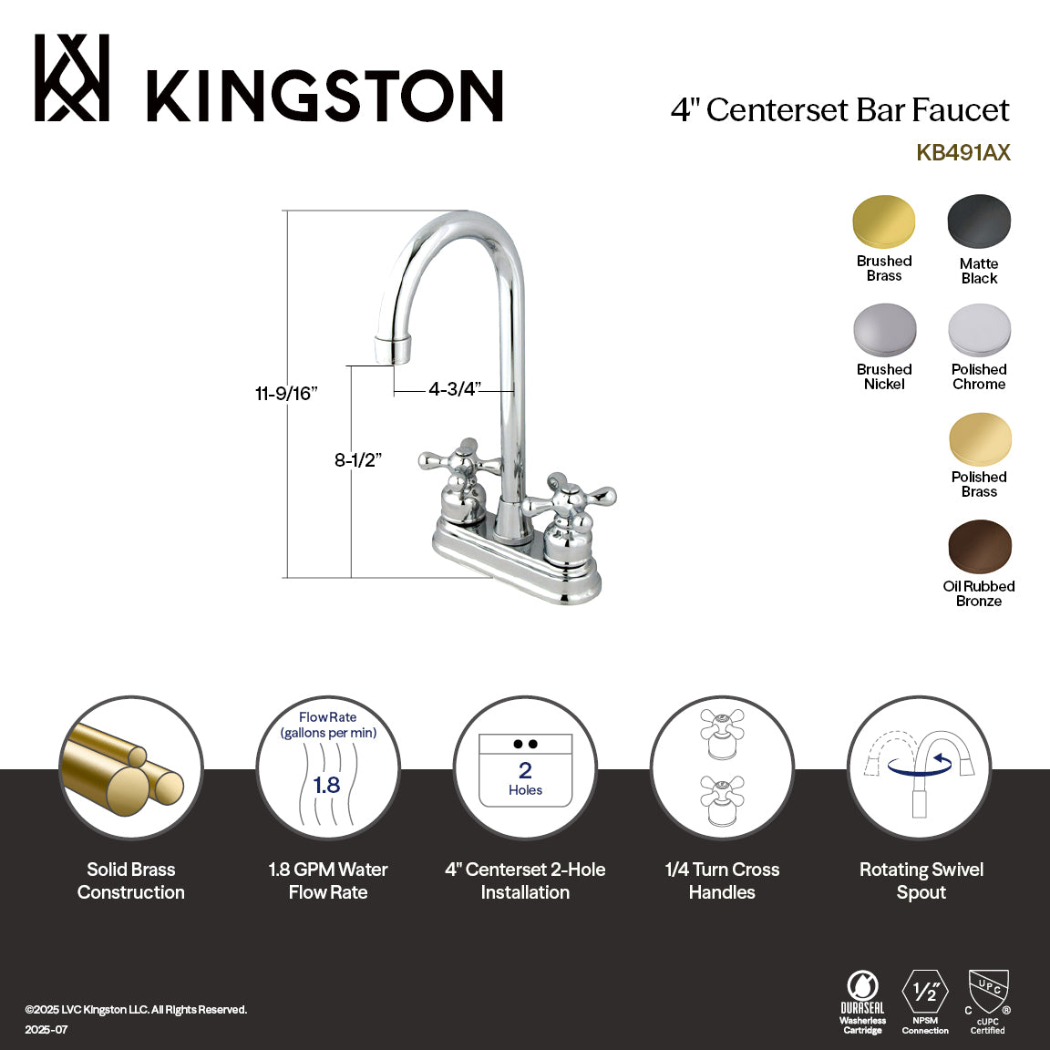 Kingston Tulare KB498AX - Victorian Two-Handle 2-Hole Deck Mount Bar Faucet, Brushed Nickel — thumbnail 2