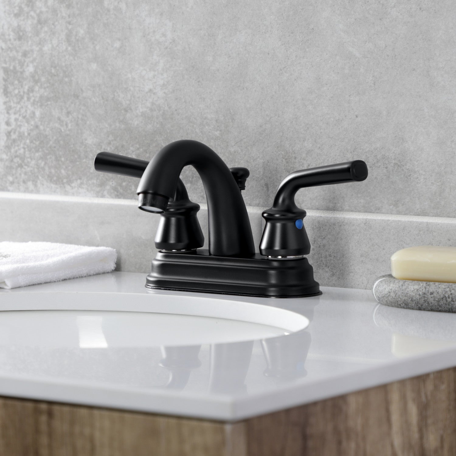 Kingston Tulare KB5610RXL - Restoration Double-Handle 3-Hole Deck Mount 4-Inch Centerset Bathroom Faucet with Pop-Up Drain, Matte Black — thumbnail 2