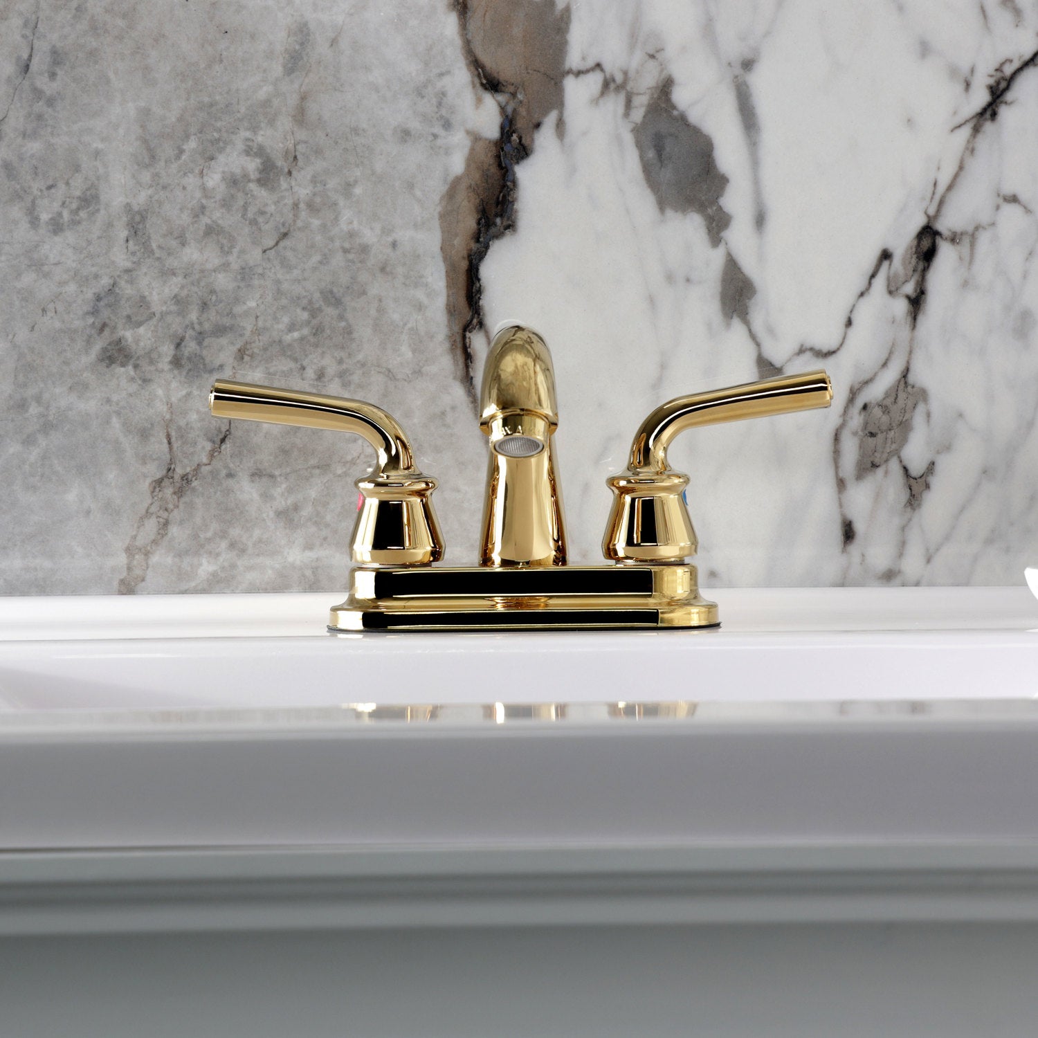 Kingston Tulare KB5612RXL - Restoration Double-Handle 3-Hole Deck Mount 4-Inch Centerset Bathroom Faucet with Pop-Up Drain, Polished Brass — thumbnail 3